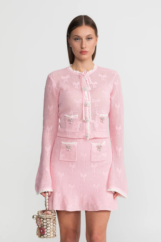 Knit Co-ord Set With Pearl and Bow Detailing – Baby Pink