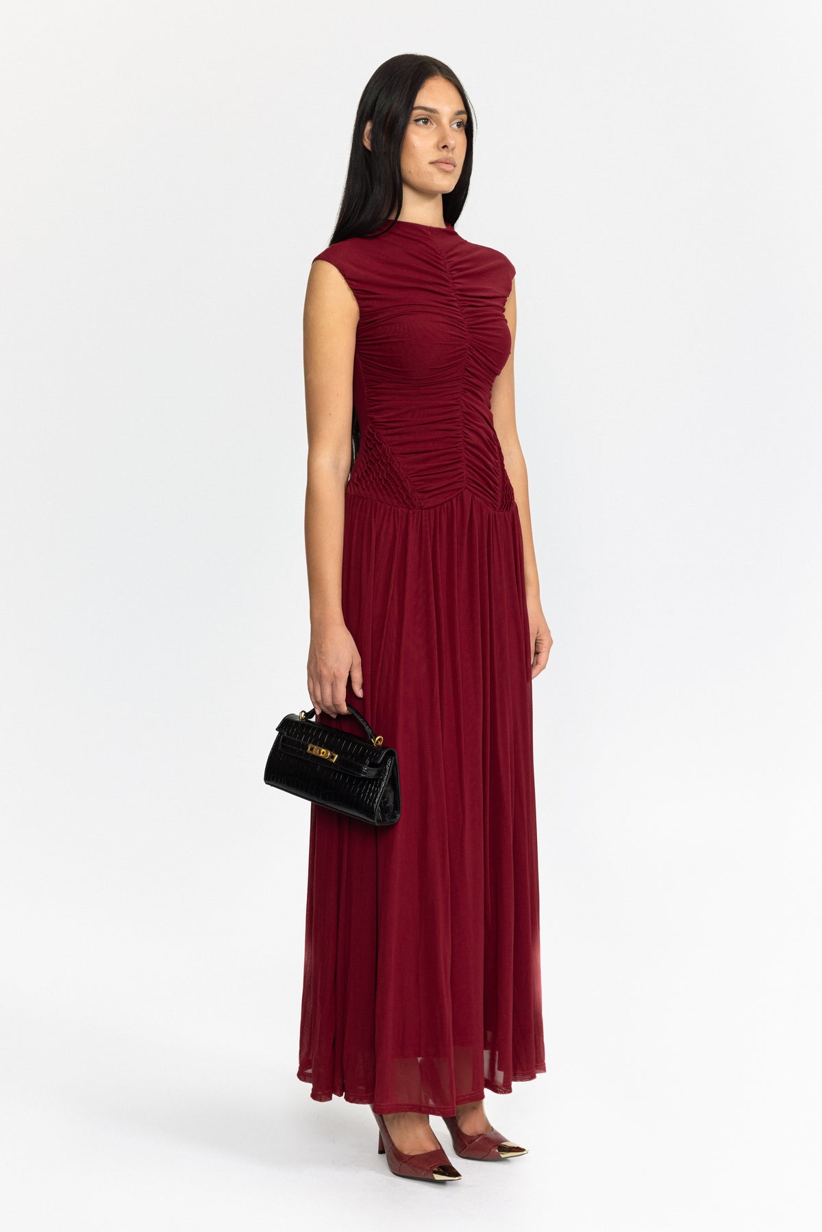 Rochie maxi din mesh drapată, cu talie joasă - Wine 