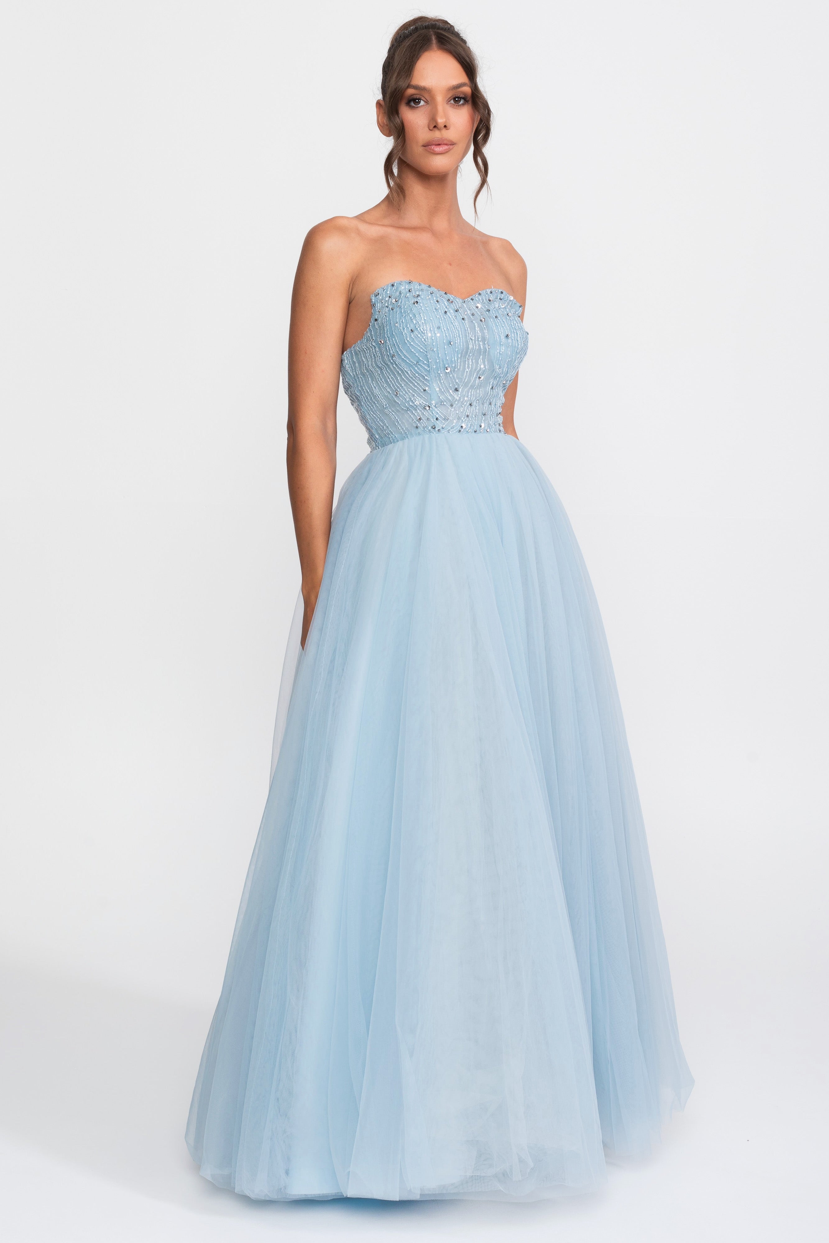 Rochie de bal din tul, fără bretele, cu aplicații din paiete - Light Blue 