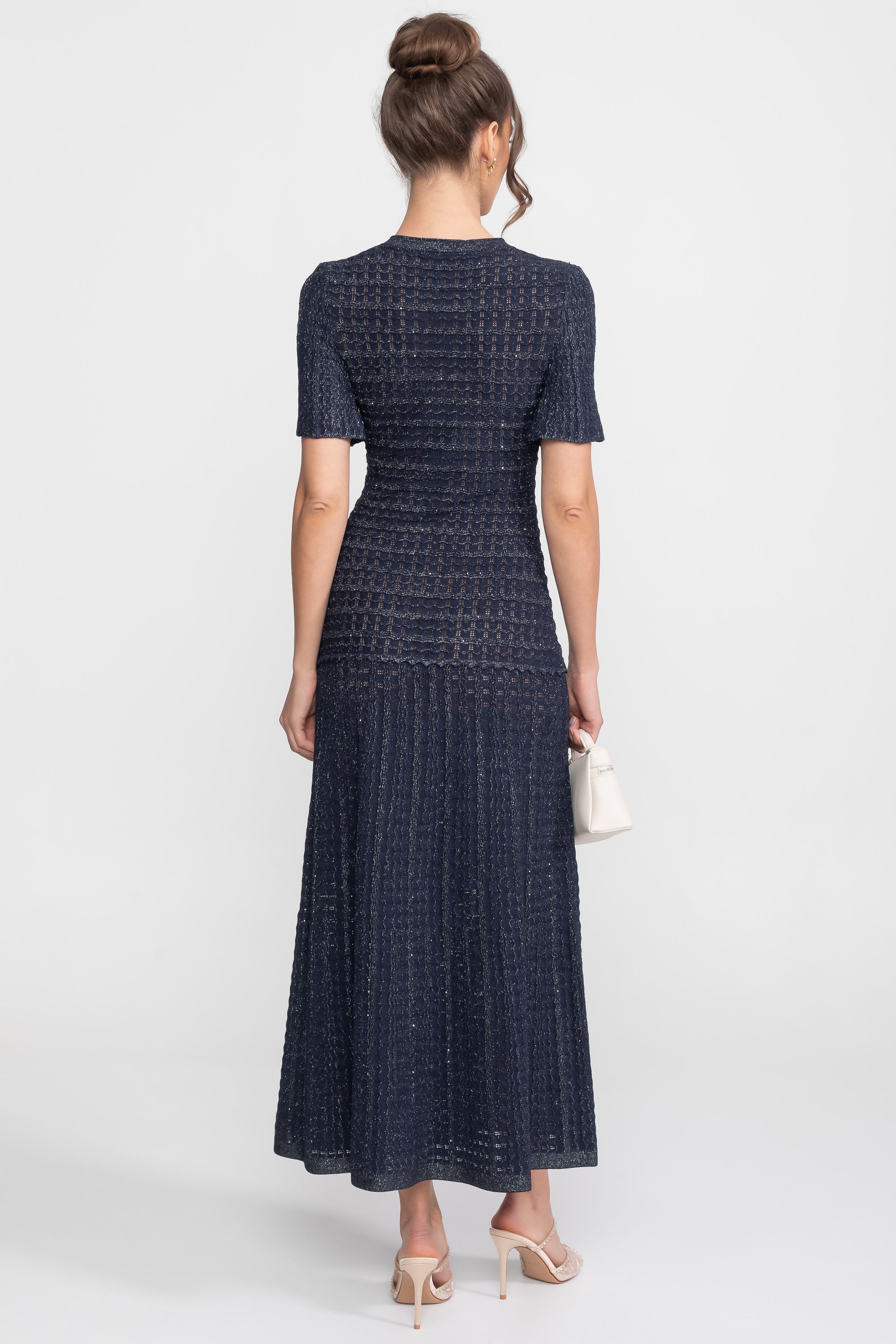 Rochie midi cu mâneci scurte, textură tricotată cu sclipiri - Navy 