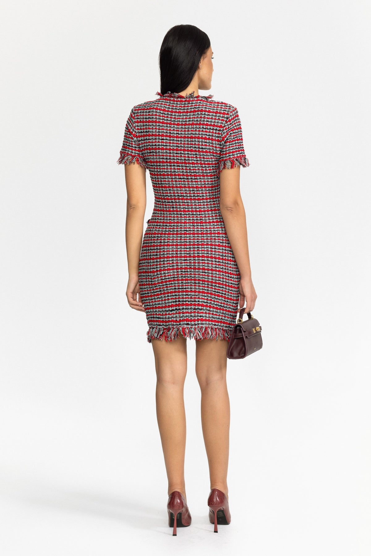 Rochie mini din tricot tweed cu franjuri - roșu multicolor 