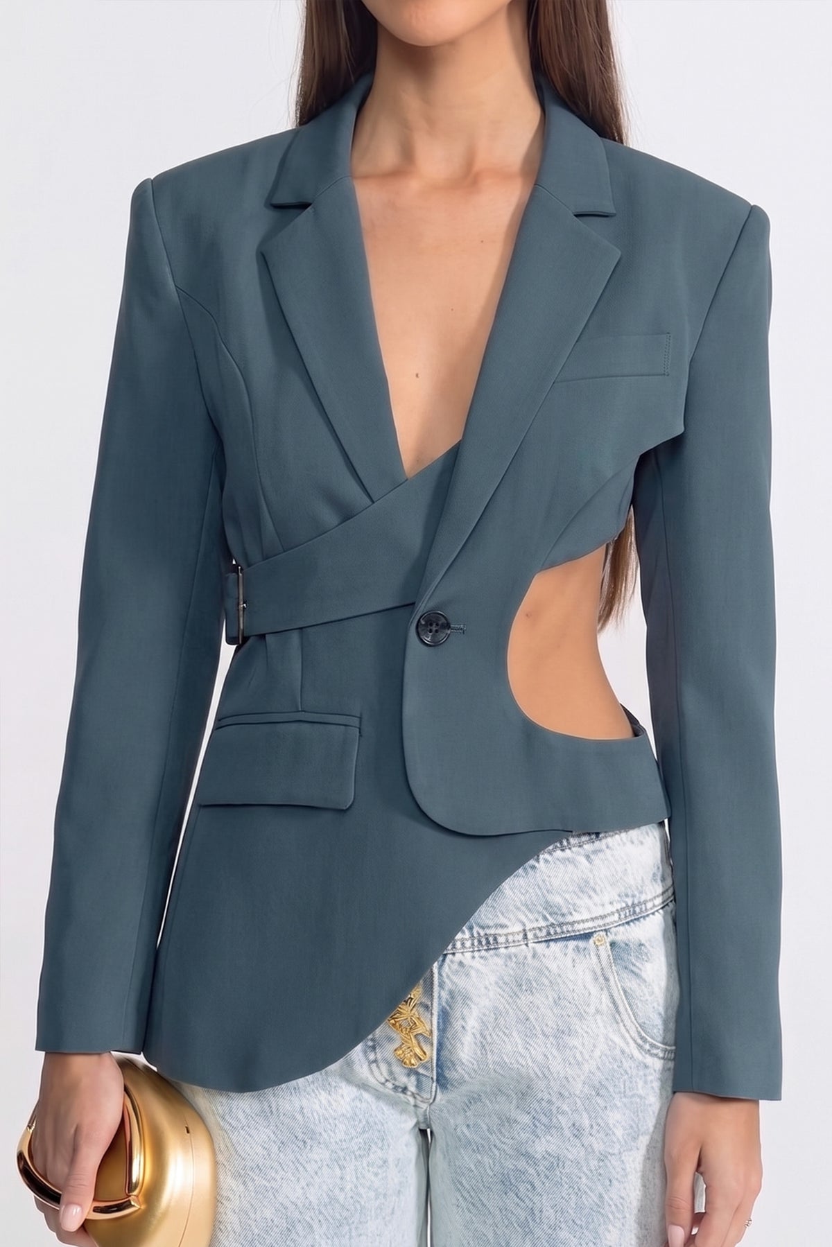 Asymmetric Cut-Out Blazer with Belt Detail - Teal