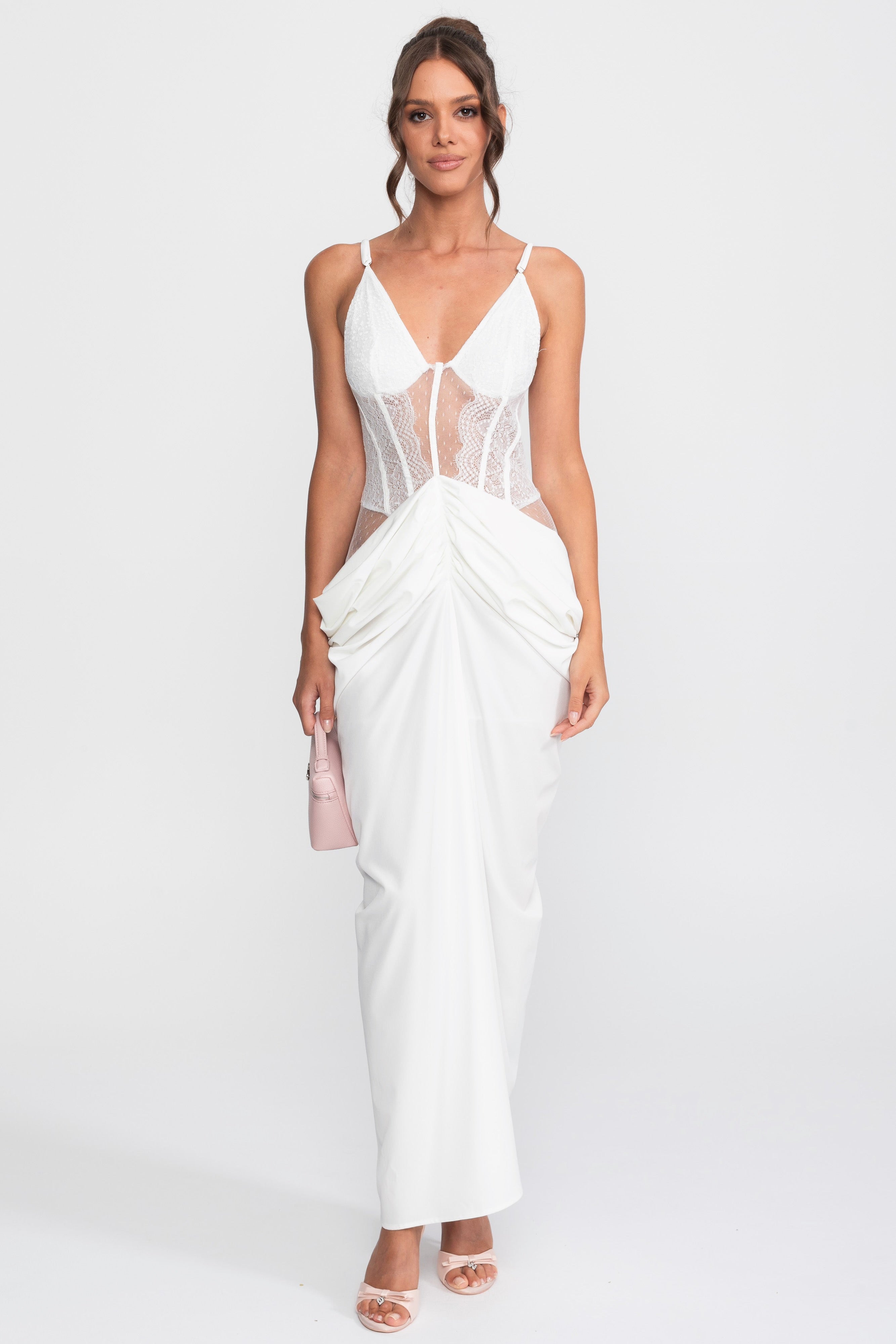Rochie lungă drapată cu corset din dantelă și bretele spaghetti - Alb 