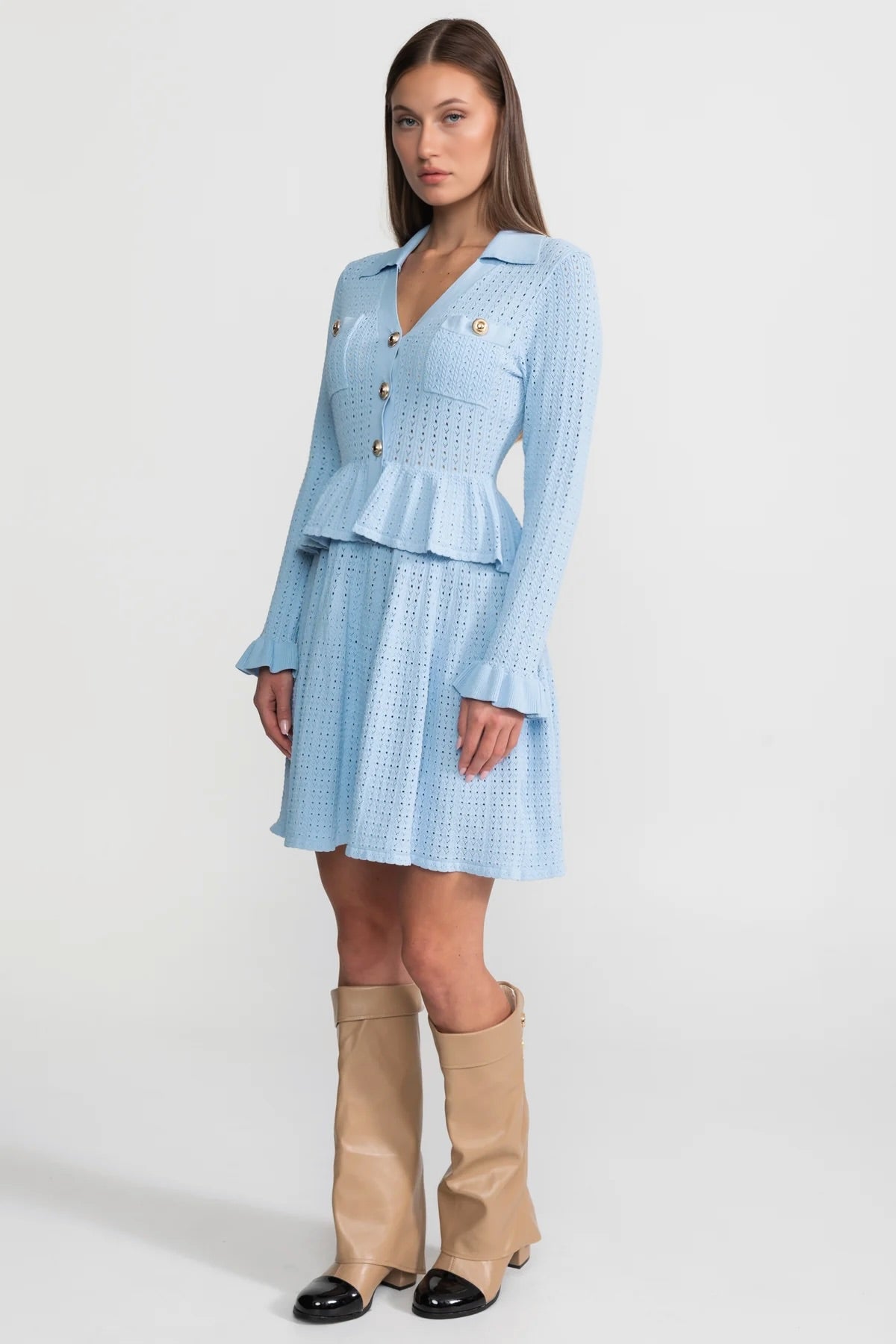 Rochie Mini Tricotată cu Talie Peplum și Detaliu cu Nasturi Aurii - Light Blue 