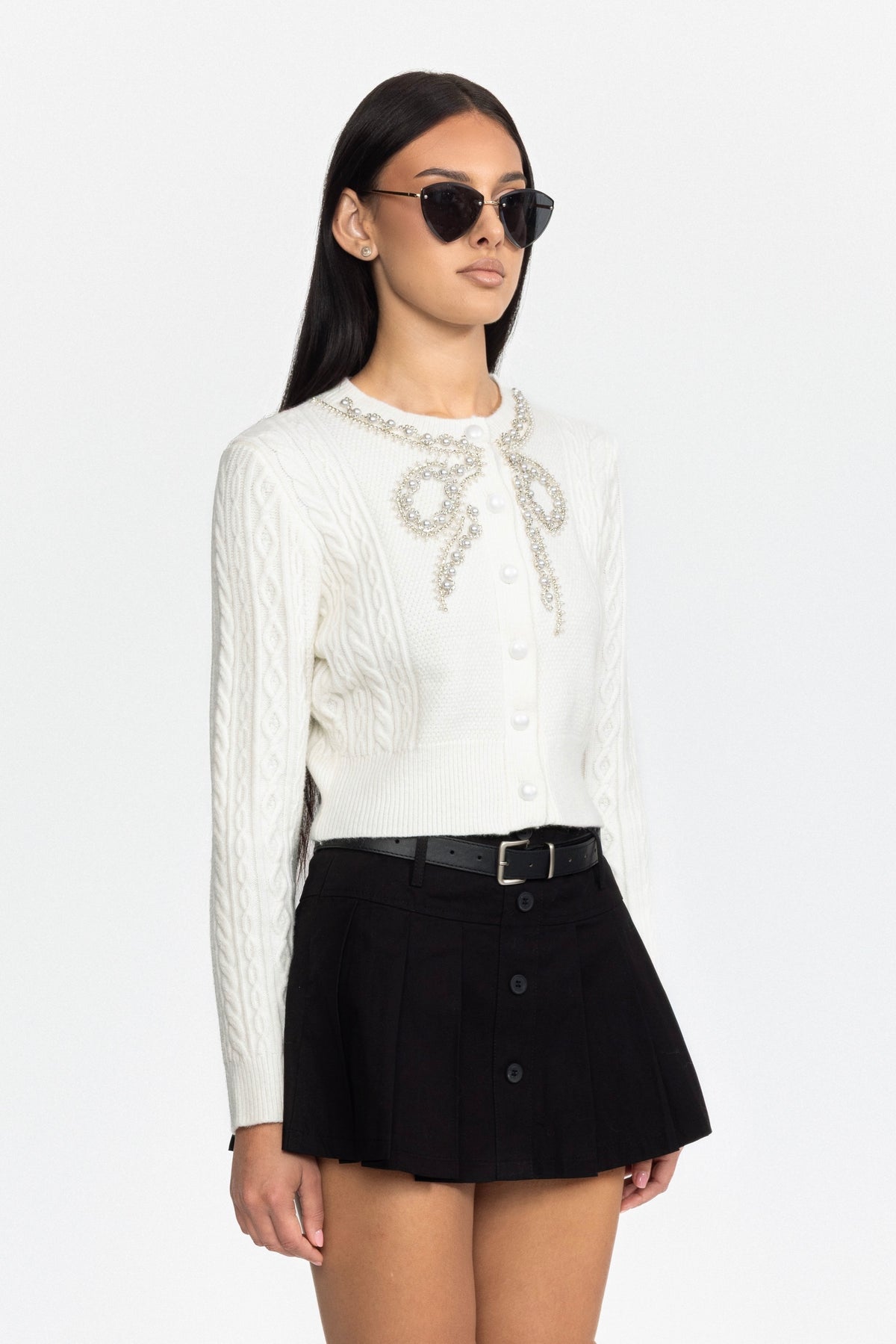 Belted Pleated Button Front Mini Skirt - Black