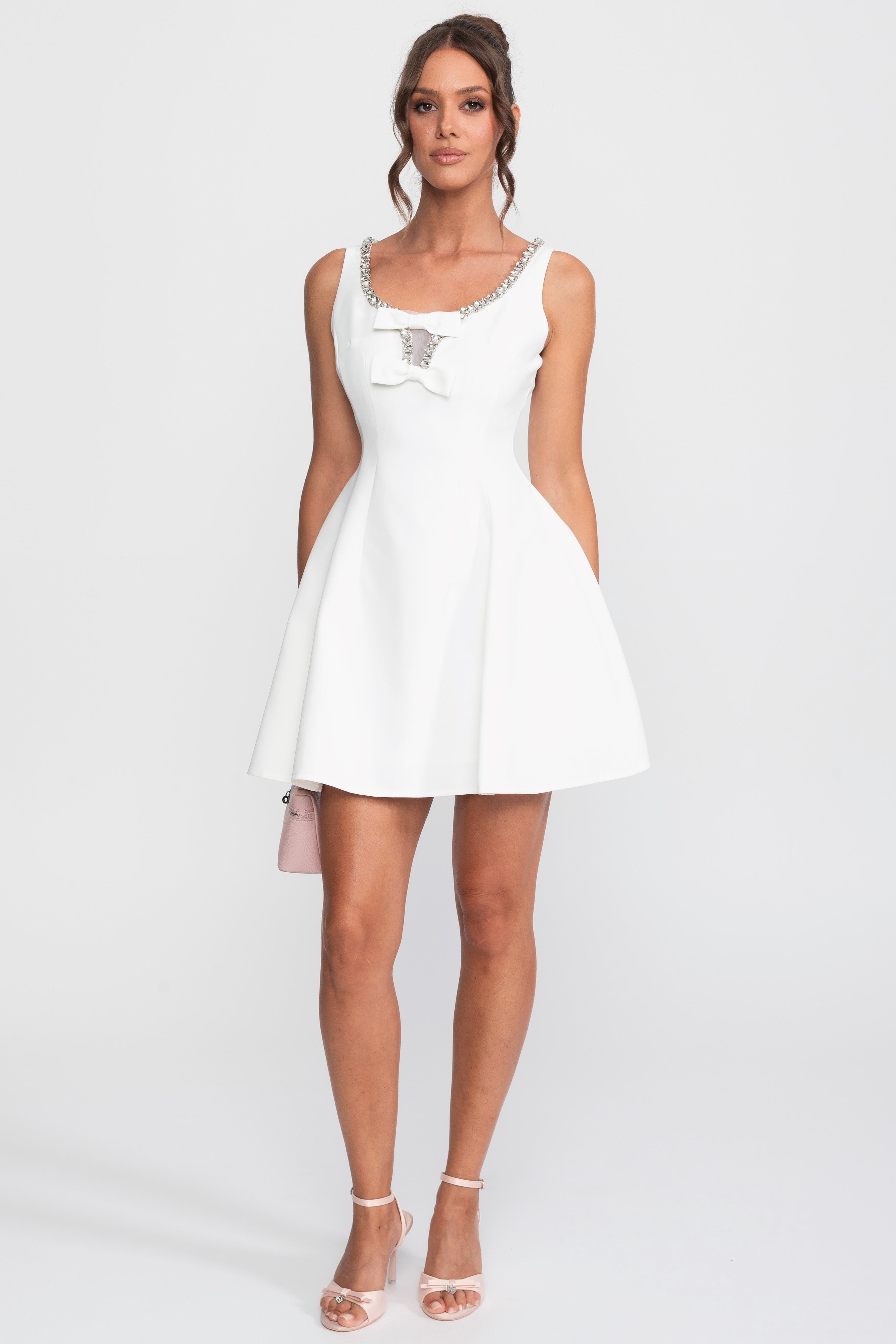 Crystal Trim Fit-and-Flare Mini Dress With Chest Bows - White