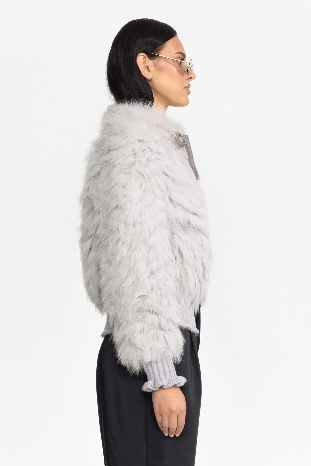 Knitted Fox Fur Bomber Jacket with Tie Neck - Grey