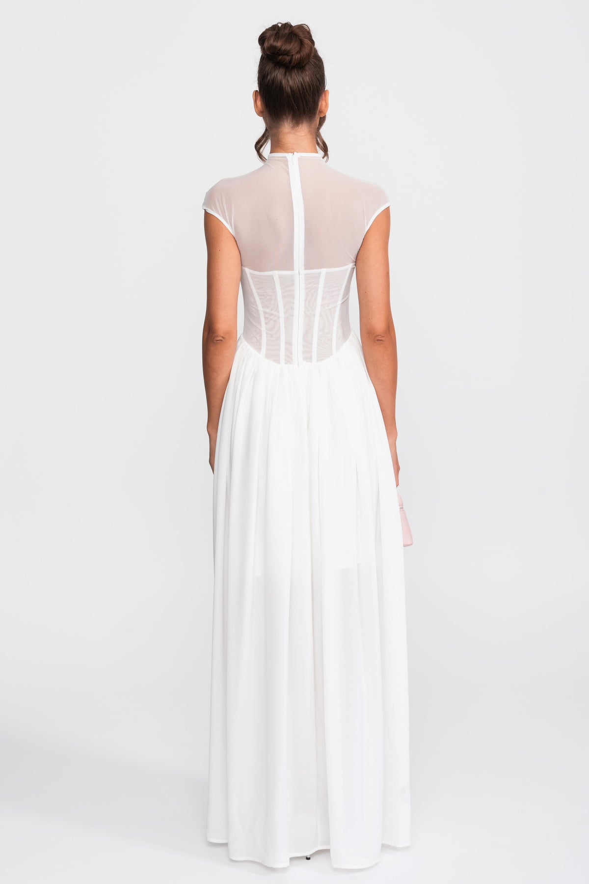 Rochie maxi transparentă cu corset și mâneci scurte - alb 