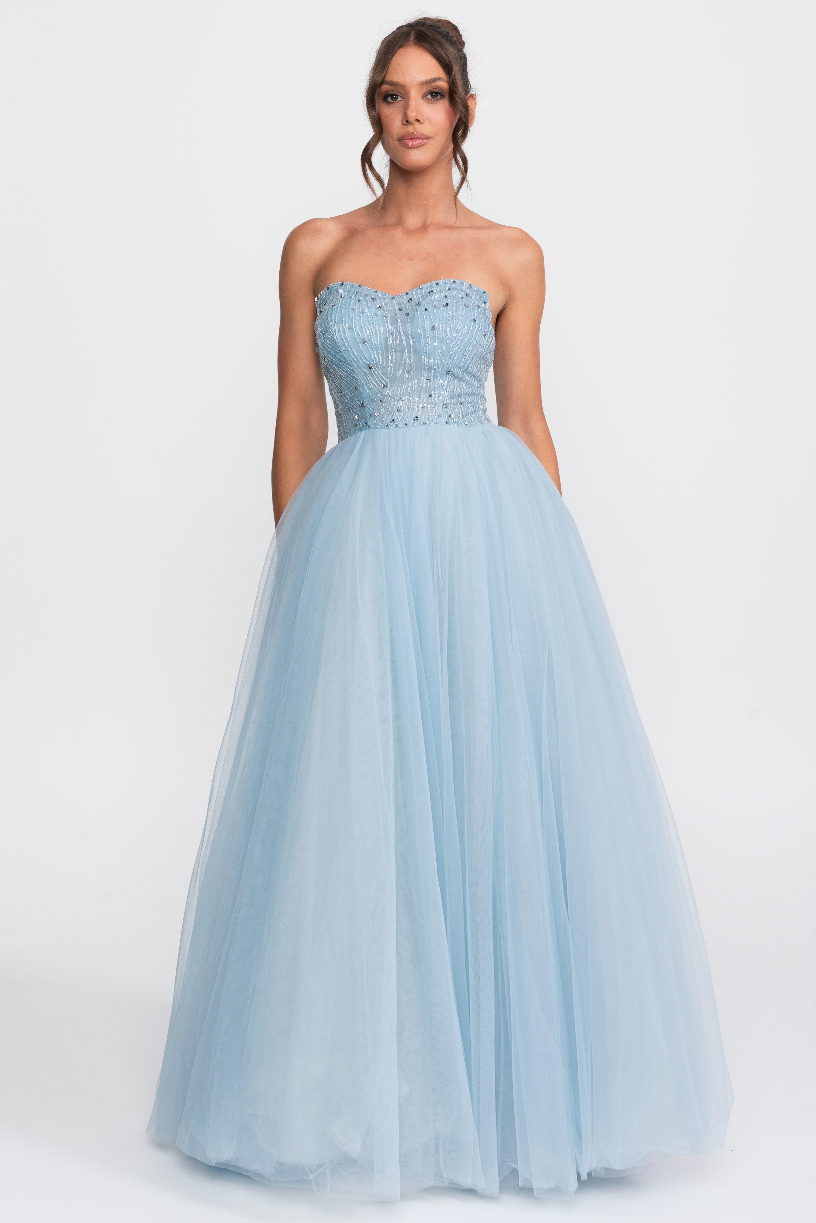 Rochie de bal din tul, fără bretele, cu aplicații din paiete - Light Blue 