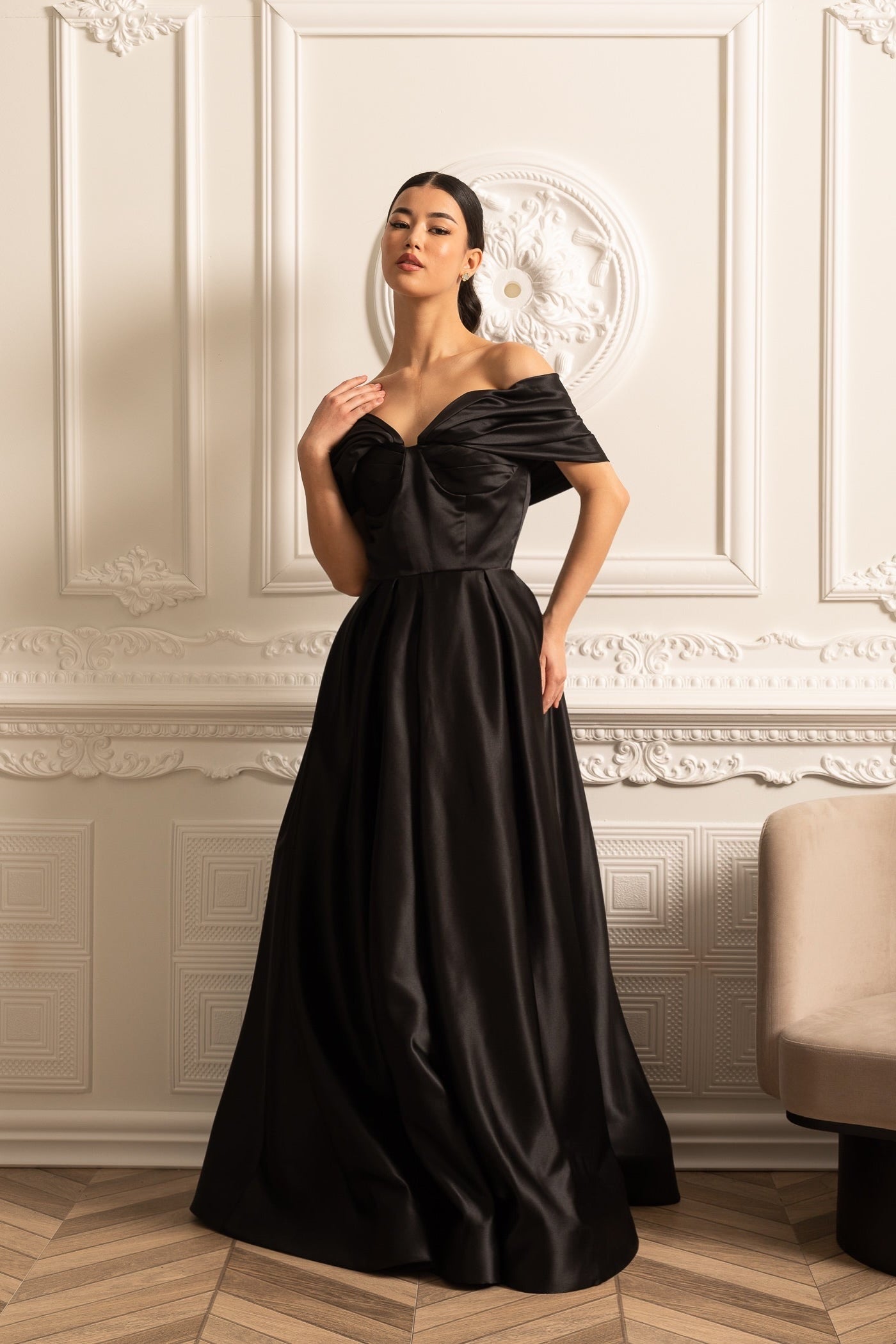 Off-Shoulder Satin Gown With Draping Skirt And Back Laces Closure - Black