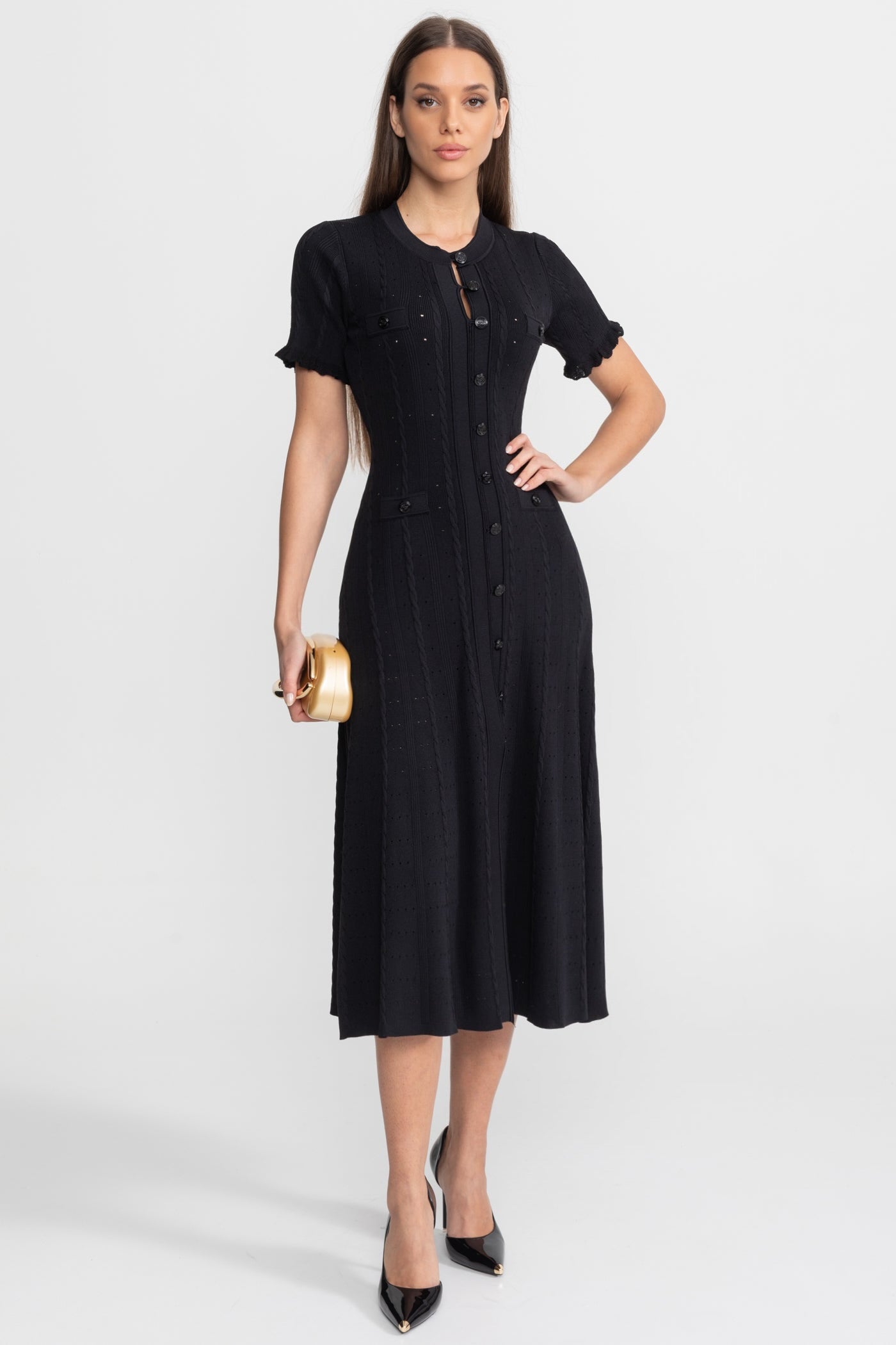 Knit Button-Front Midi Dress with Scalloped Sleeves – Black