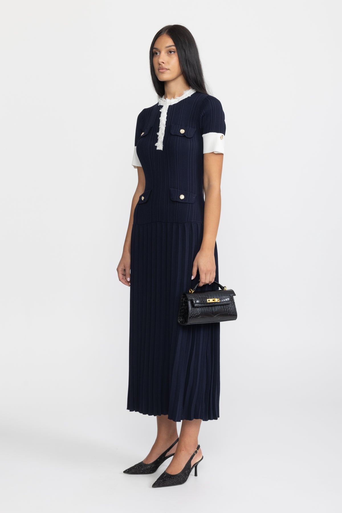 Rochie midi din tricot plisat cu volan la tiv - bleumarin 