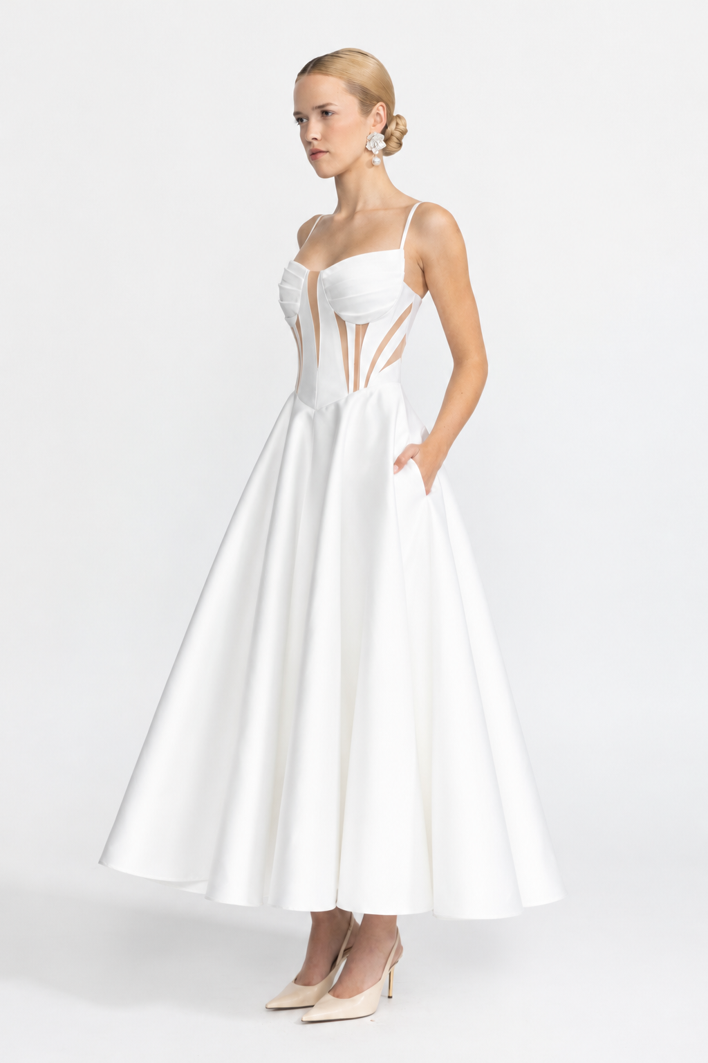 Rochie midi corset din satin cu panouri transparente - alb 