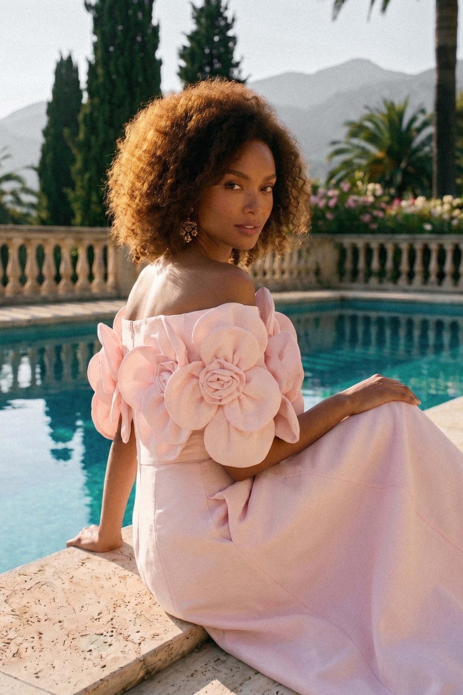 Off-Shoulder Midi Dress With Large Fabric Floral Accents - Pink