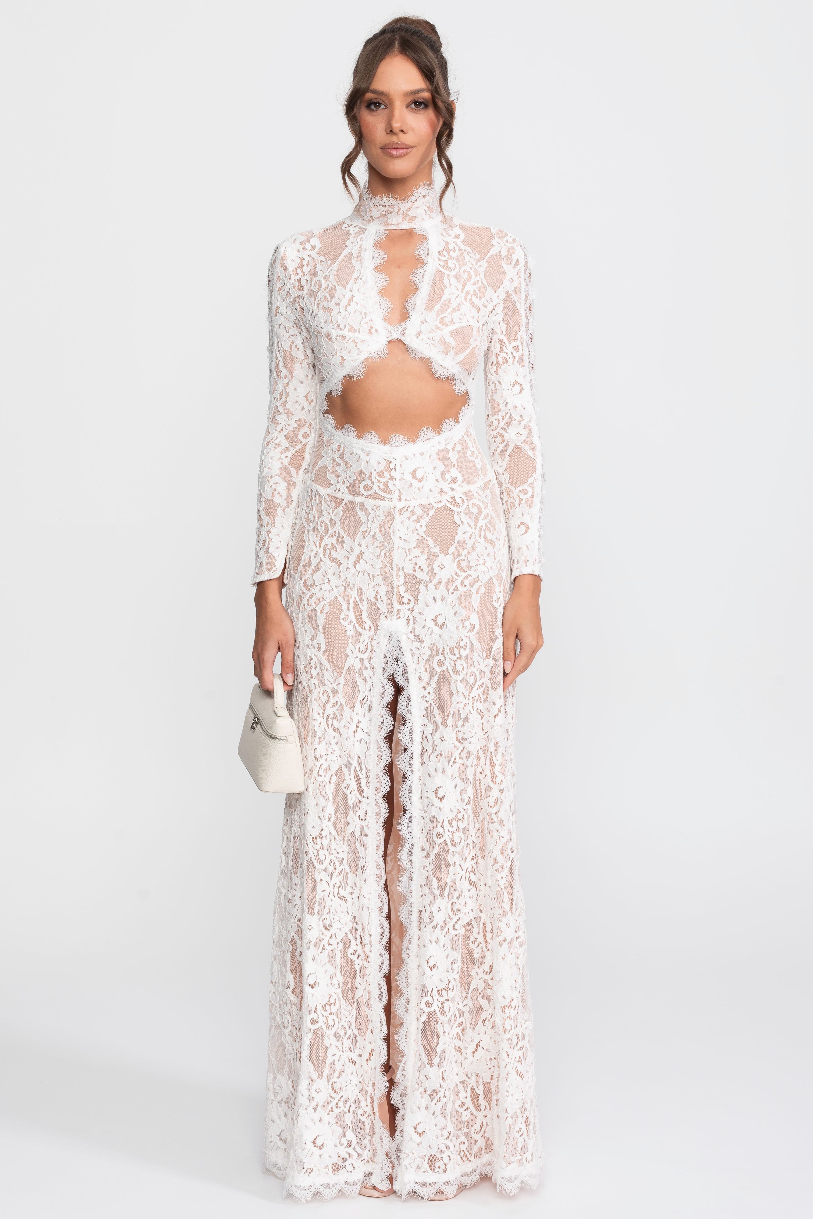 Elegant Lace Gown With High Neck, Front Cutout And Slit - White