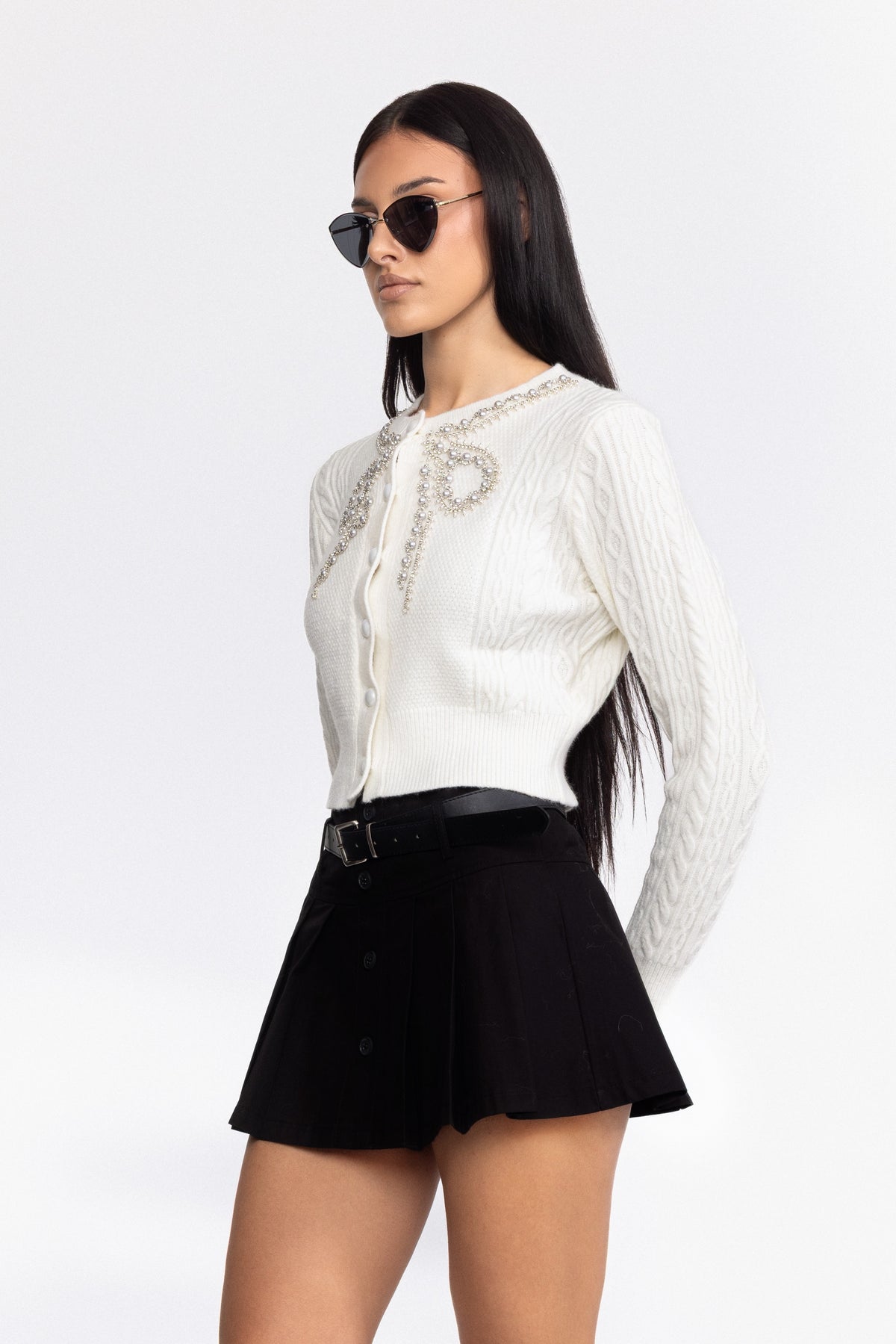 Belted Pleated Button Front Mini Skirt - Black