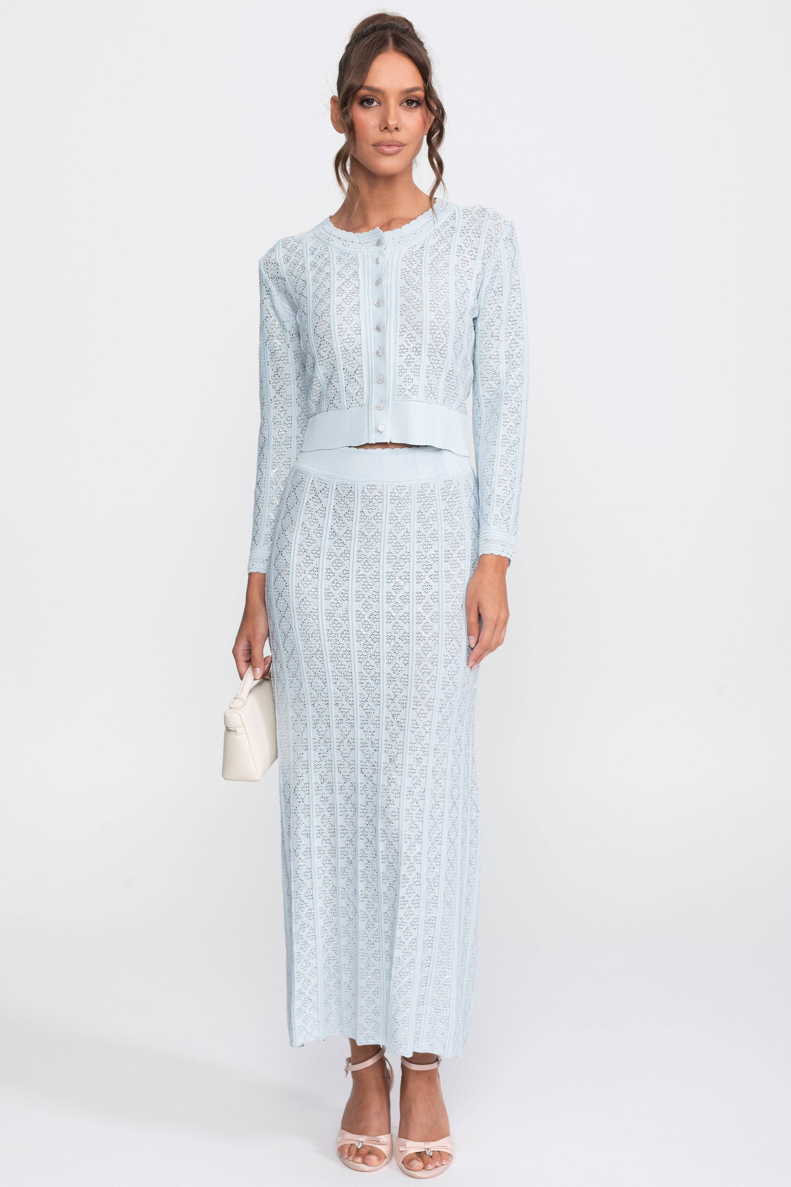 Set coordonat din tricot cu eyelet, cu cardigan și fustă maxi - light blue 