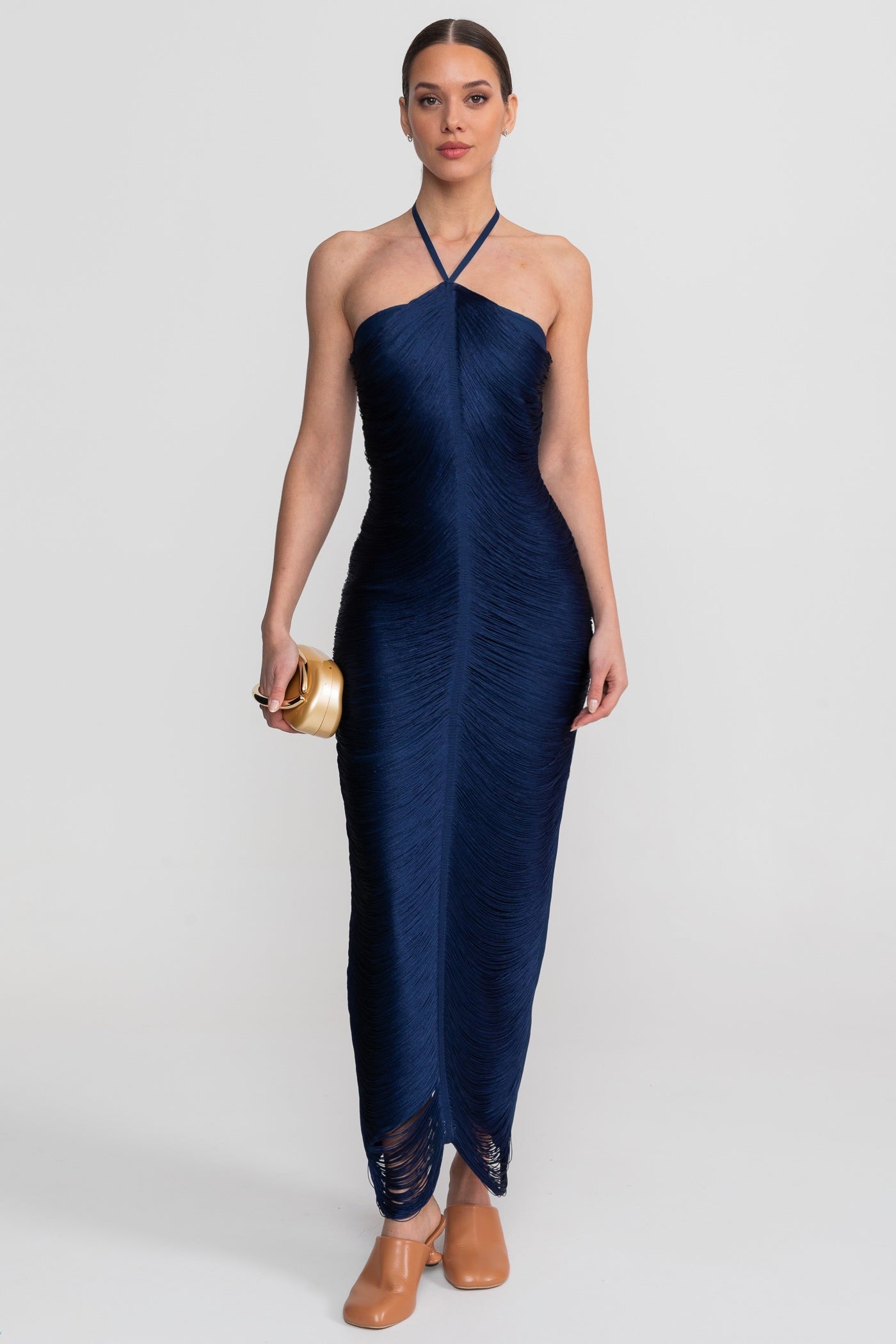 Halter Neck Midi Dress With All-Over Pleated Texture - Blue