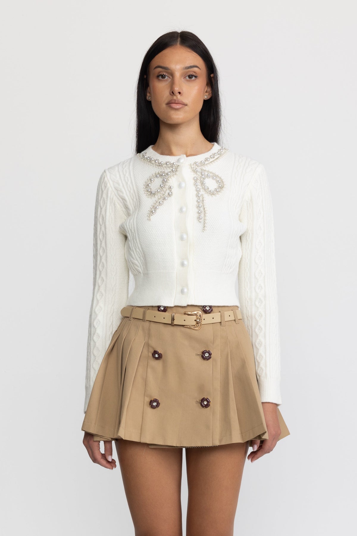 Belted Pleated Jewel Button Mini Skirt - Khaki
