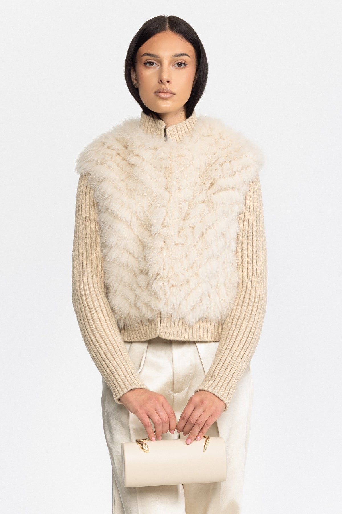 Knitted Fox Fur Jacket with Rib Knit Sleeves - Beige