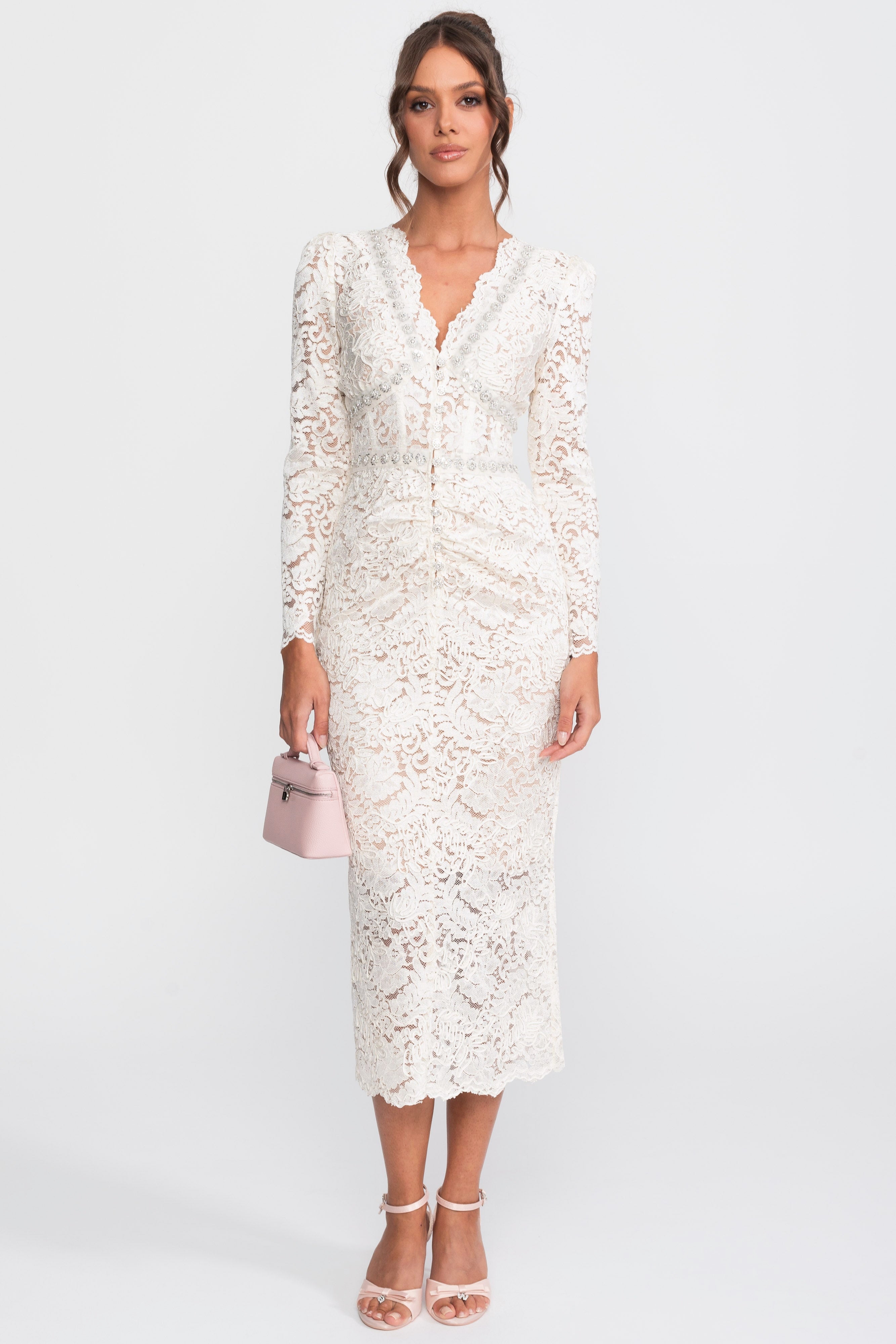 Lace Midi Dress With Crystal V-Neckline And Ruched Front Detail - Ivoire