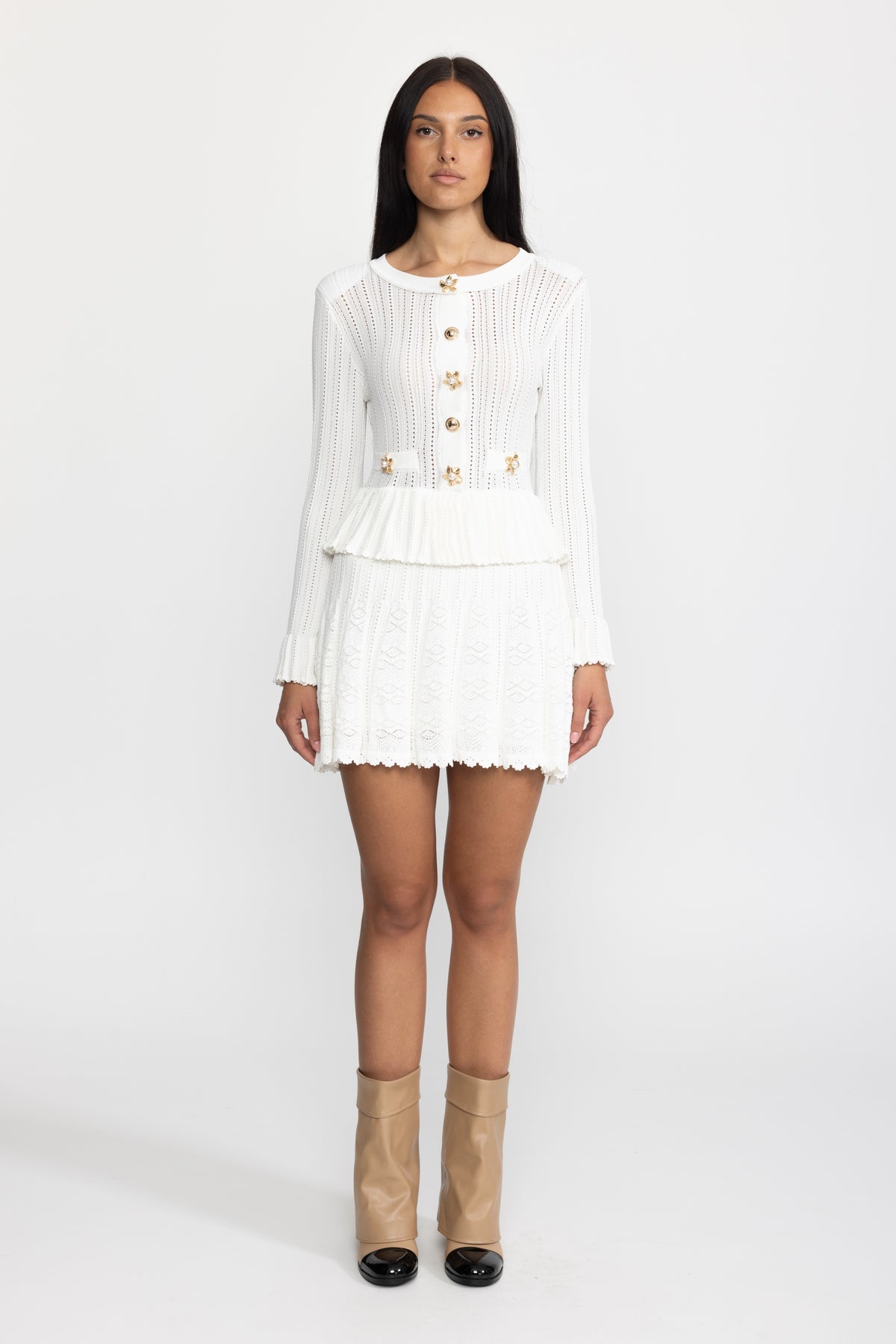 Pointelle Knit Peplum Mini Dress with Flower Buttons - White
