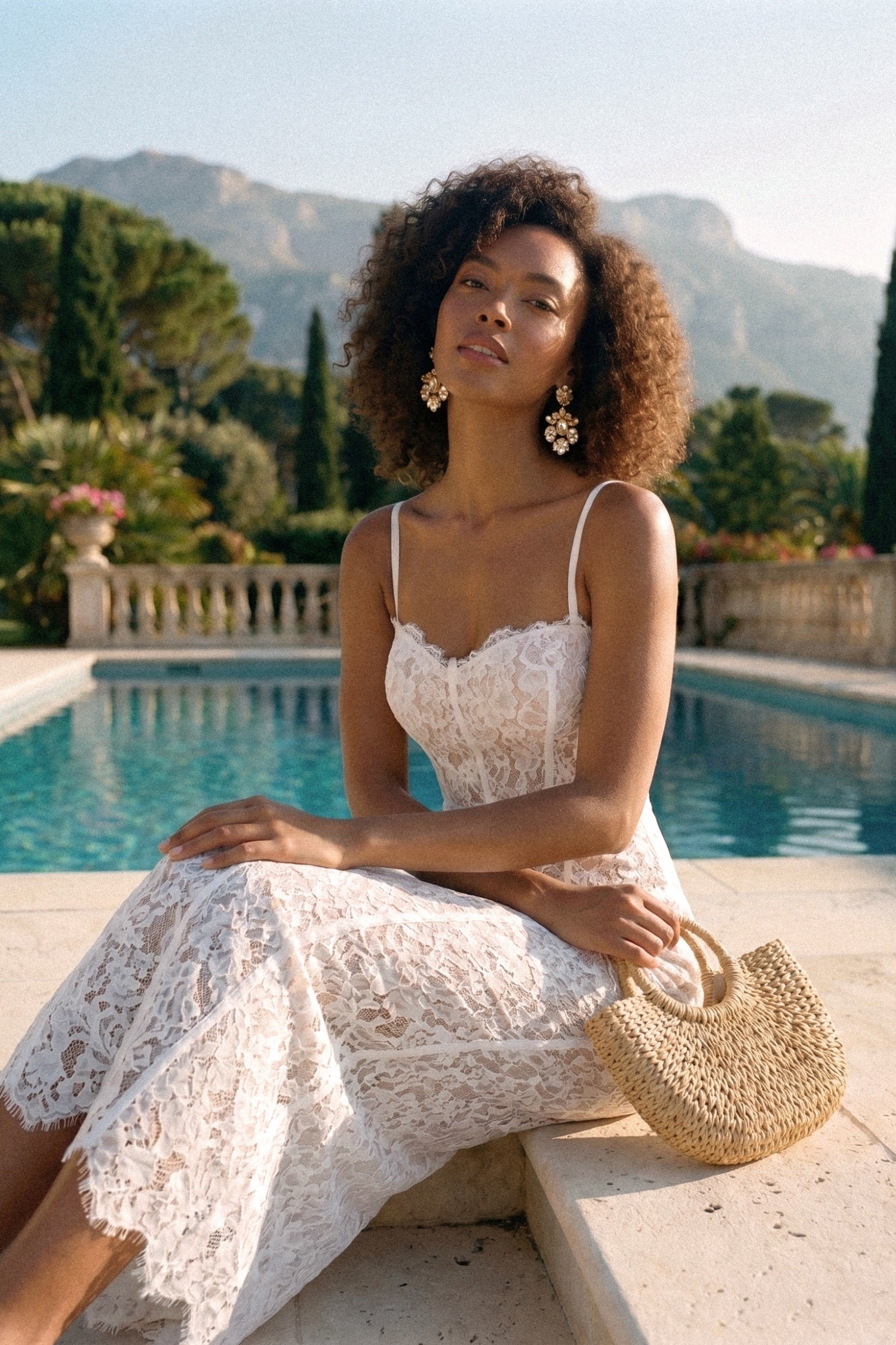 Lace Midi Dress With Sheer Corset Bodice - White