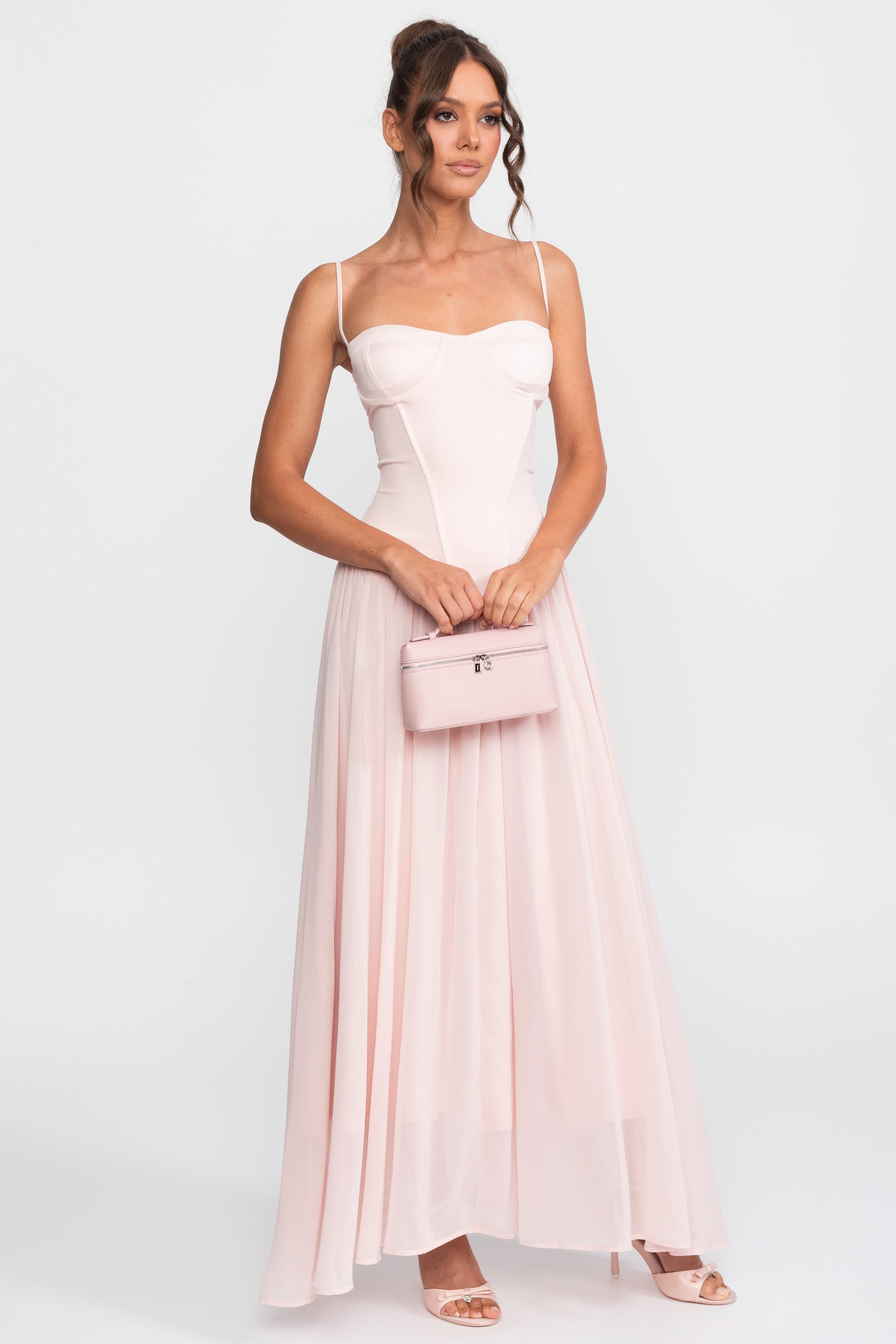 Rochie din șifon cu corset și talie coborâtă - roz 
