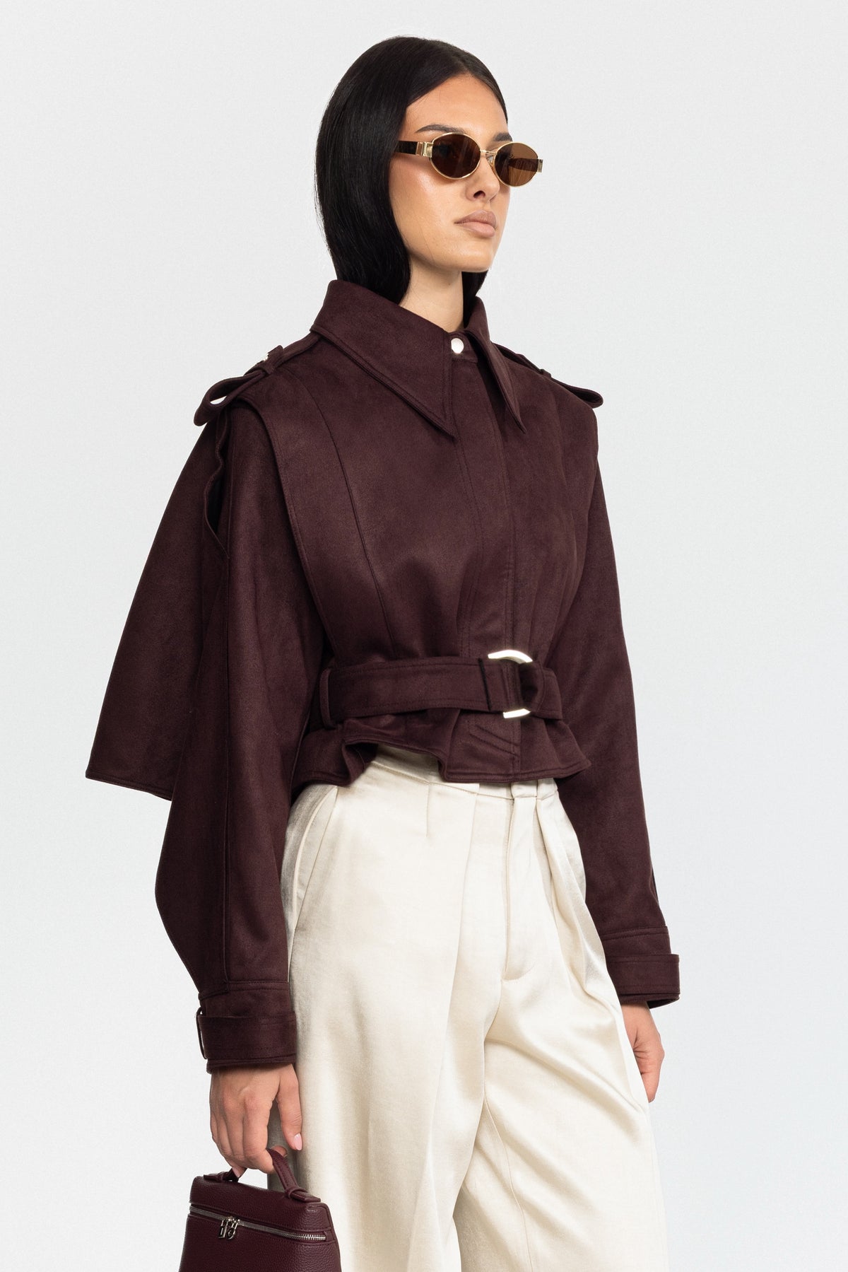 Suede Belted Cape Jacket - Burgundy