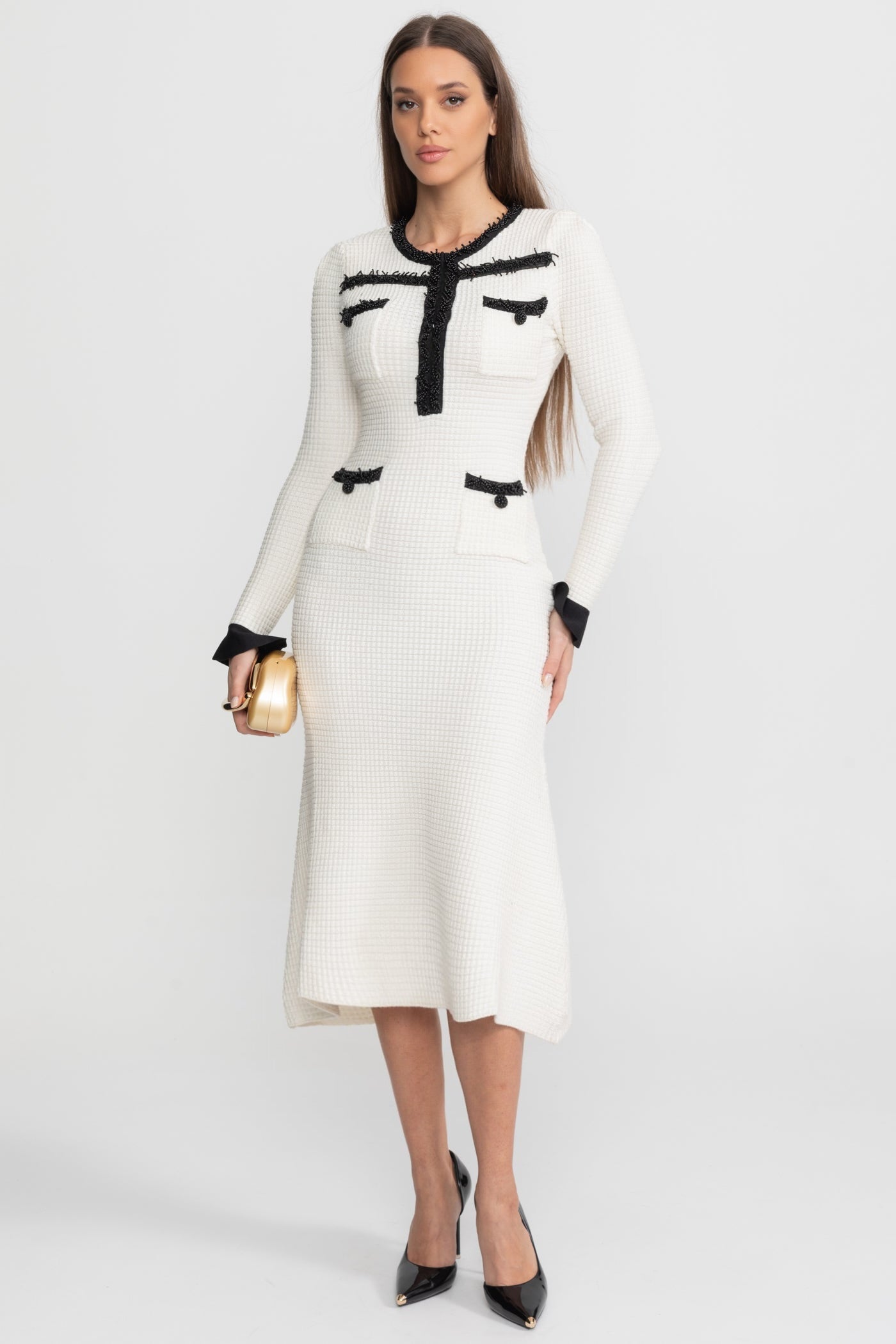Textured Midi Dress with Contrast Embroidered Trim – Ivoire