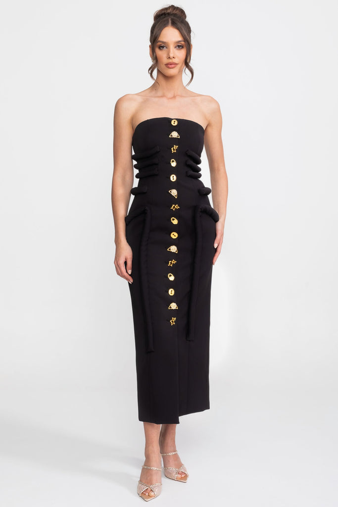 Rochie midi neagră cu detaliu sculptural de corsaj înnodat și nasturi tip bijuterie - negru 