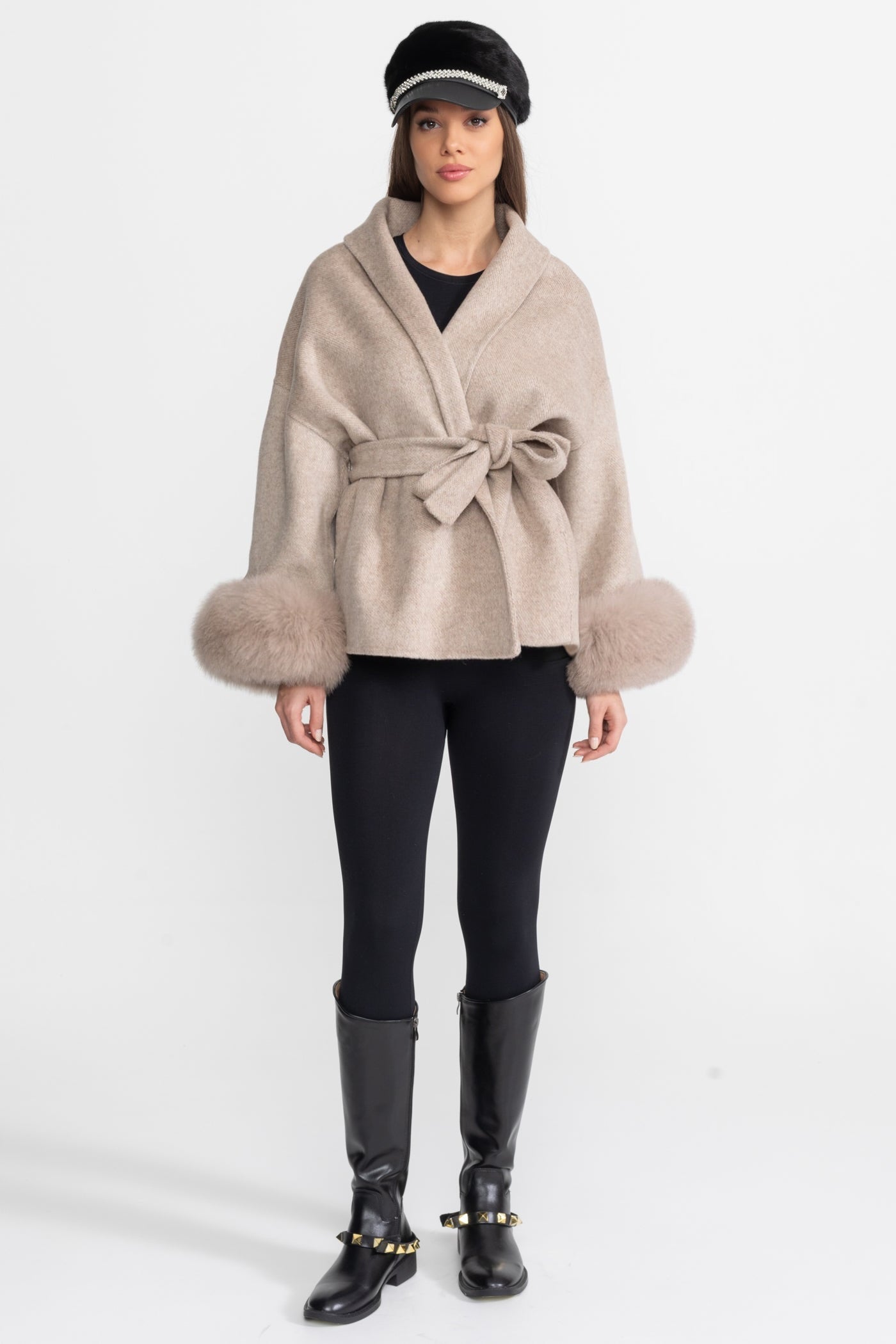 Wool Blend Wrap Jacket with Fox Fur Cuffs – Beige