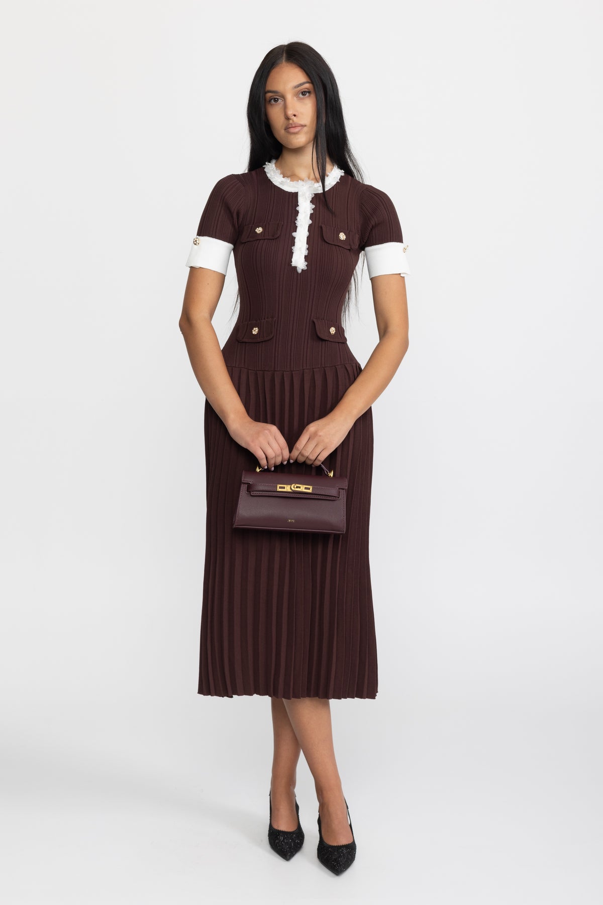 Rochie midi din tricot plisat cu volane decorative - Chocolate 