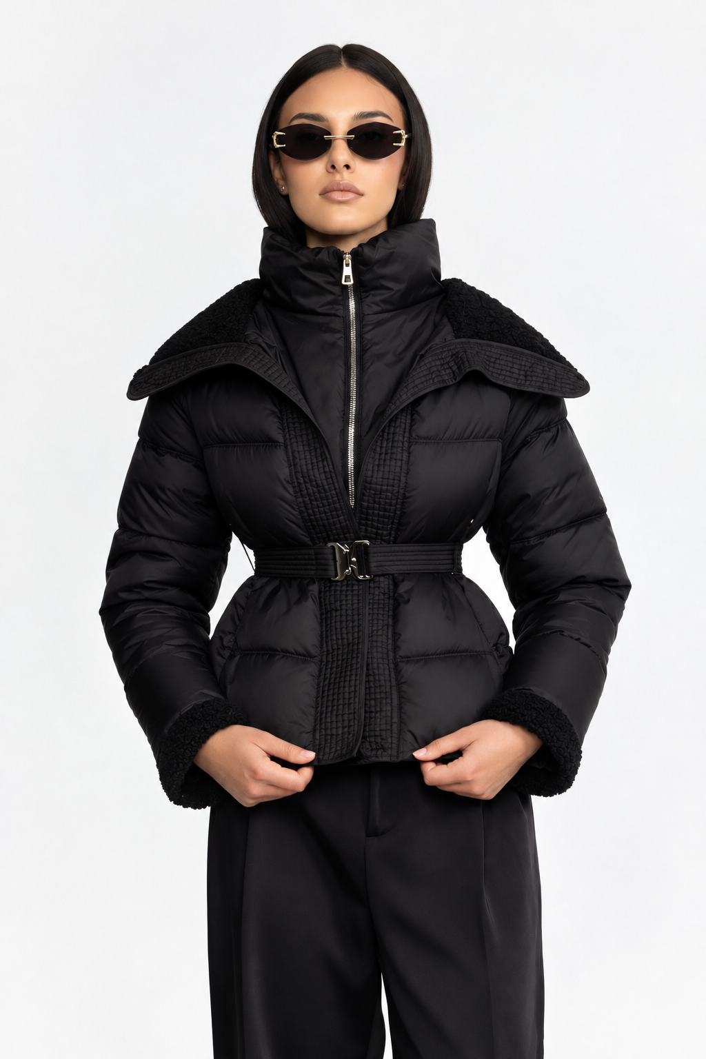 Geacă puffer cu cordon și guler teddy - Negru 
