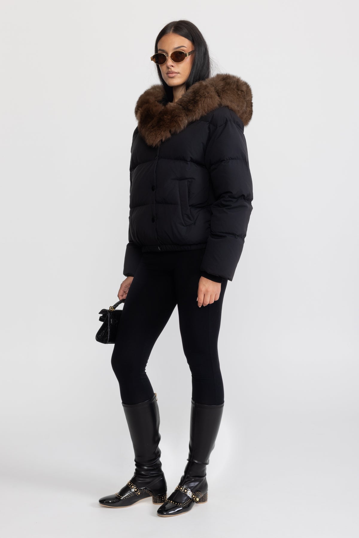 Fox Fur Hood Cropped Down Puffer Jacket - Black