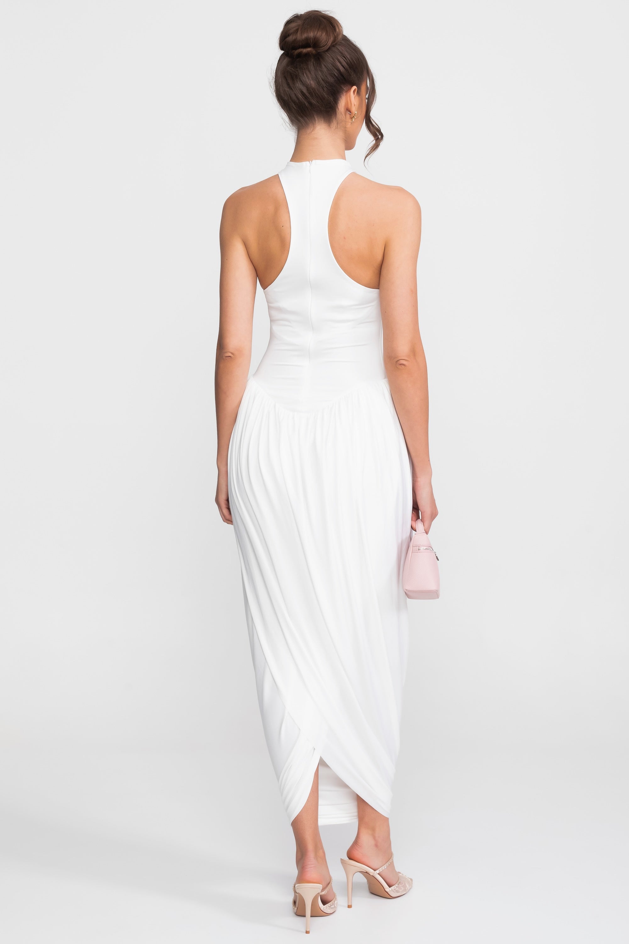 Halter-Neck Maxi Dress With Gathered Balloon Skirt - White