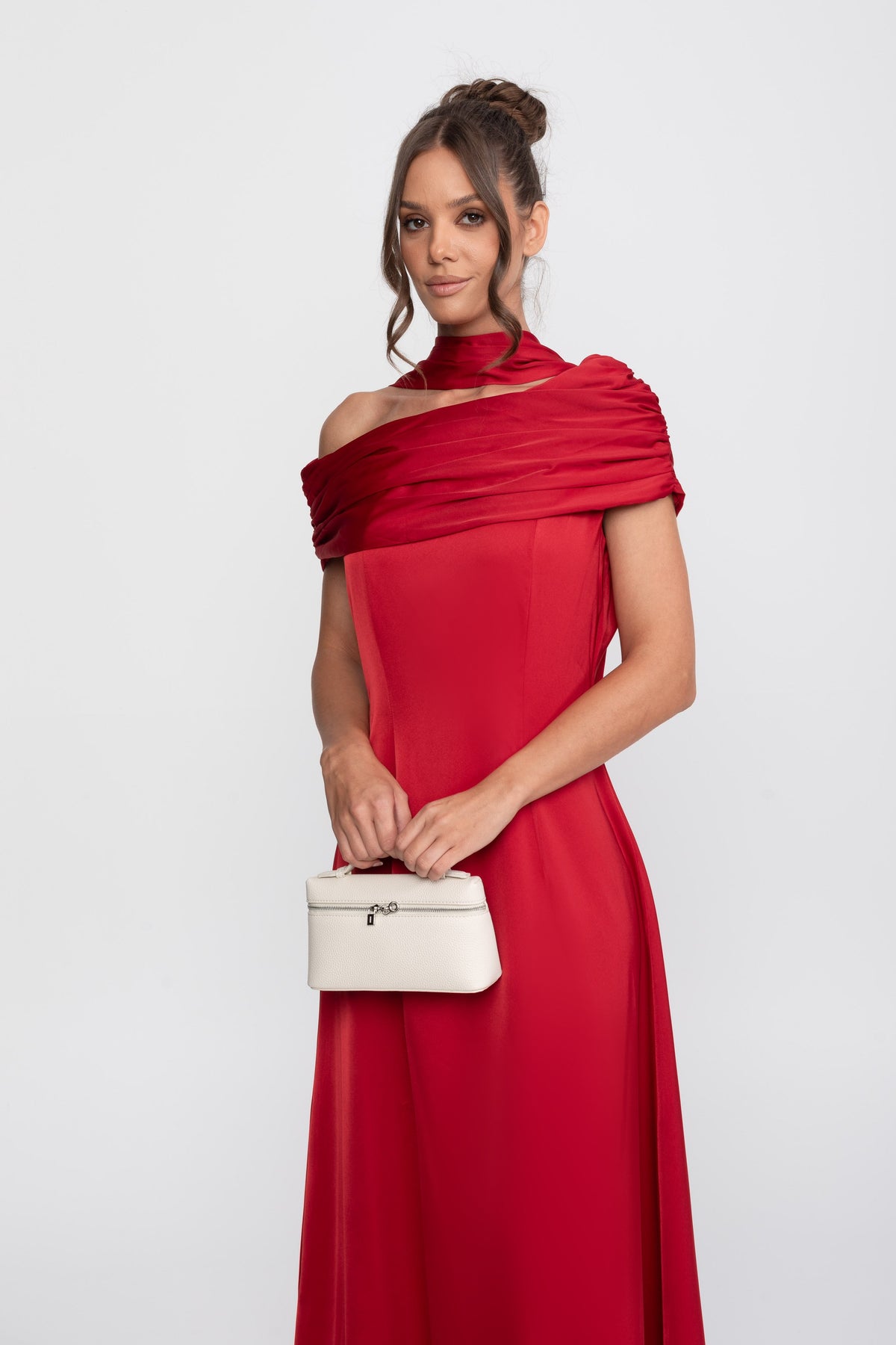 Rochie lungă din satin drapată, cu un umăr, cu înfășurare cu fronseuri - Red 