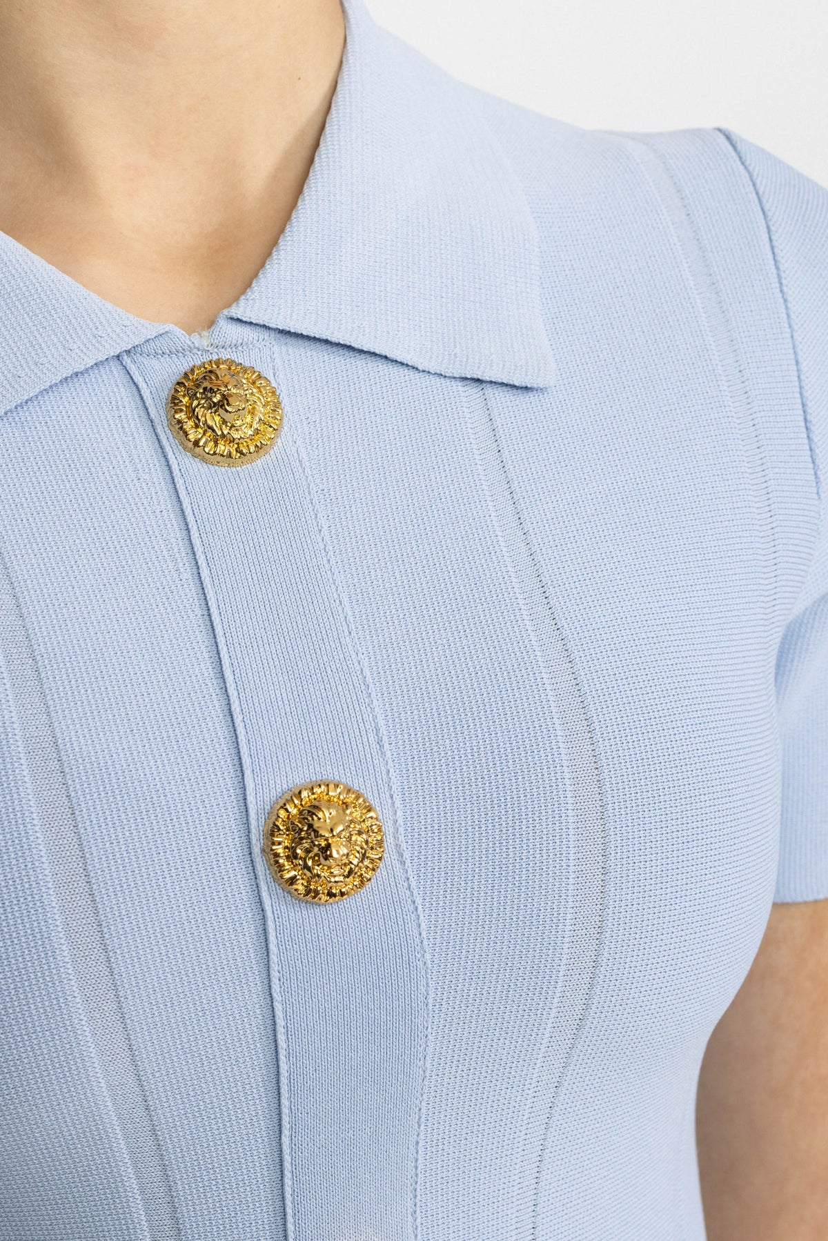 Knit Polo Collar Lion-Button Mini Dress - Light Blue