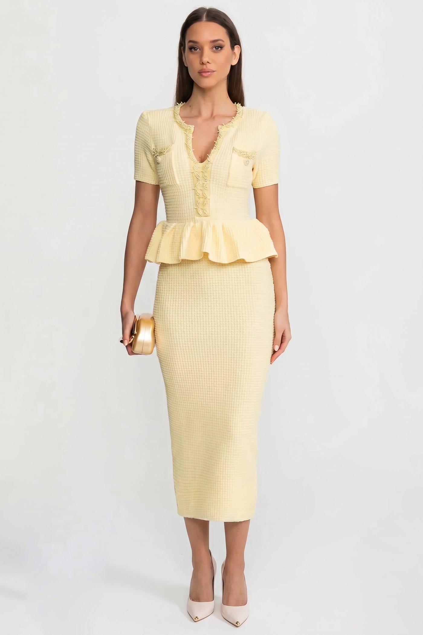 Rochie Midi Tricotată Texturată cu Detaliu Peplum în Talie – Galben 