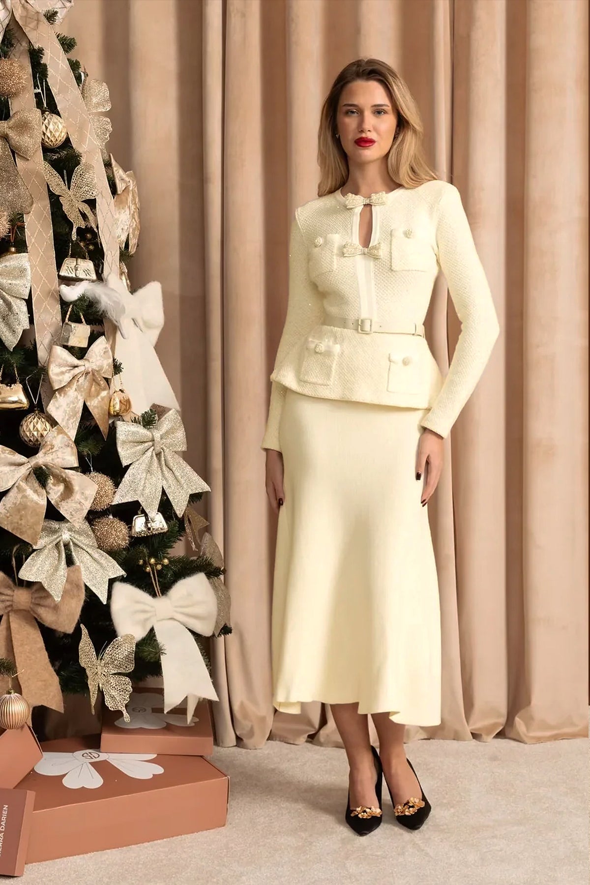 Tweed Peplum Knit Midi Dress – Ivoire