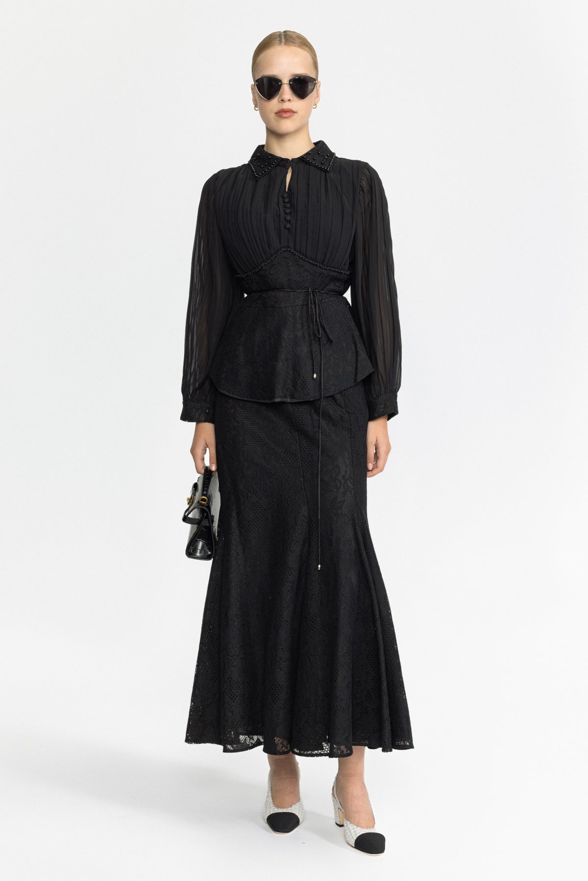 Set cu bluză peplum din șifon plisat și dantelă și fustă maxi - Negru 