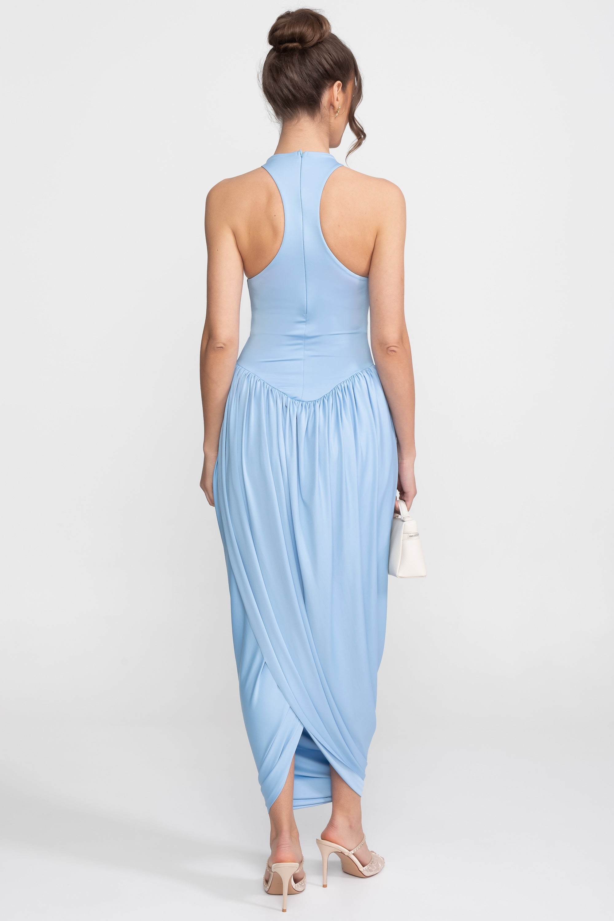 Rochie maxi cu halter și fustă balon încrețită - Light Blue 
