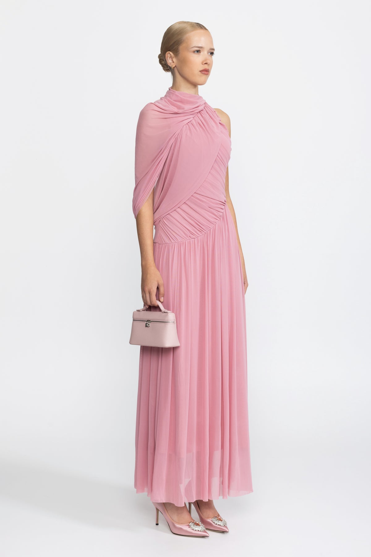 Draped Scarf Neck Mesh Maxi Dress - Pink