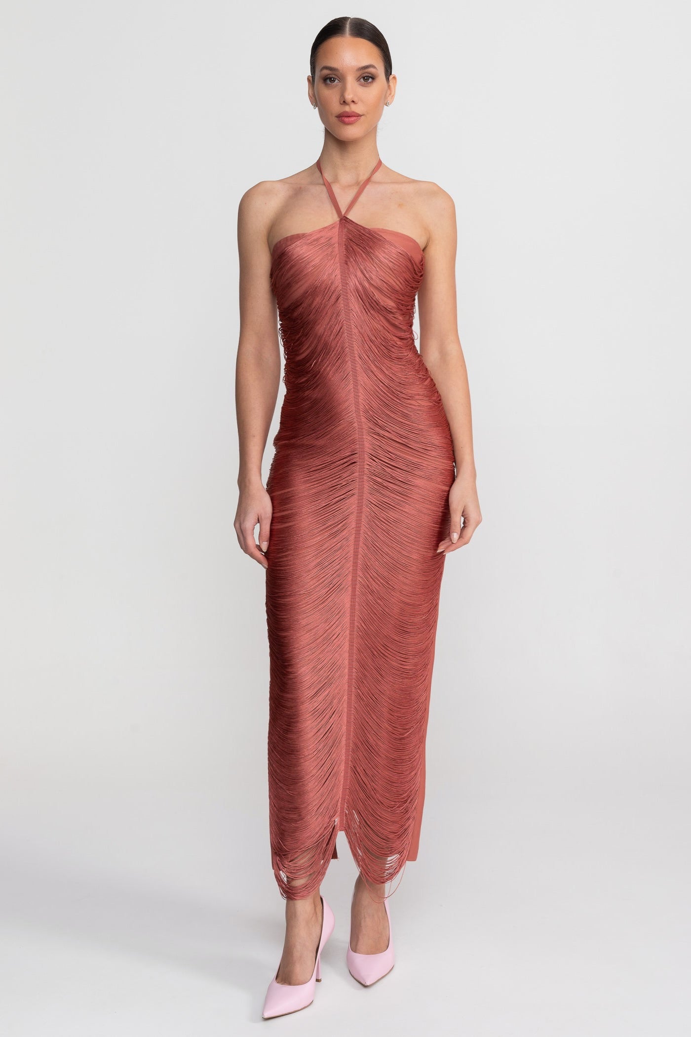 Rochie midi cu guler halter și textură plisată integrală - Maro deschis 