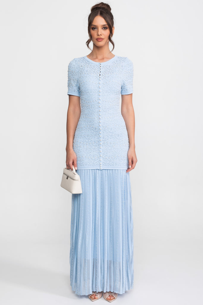 Rochie midi cu mâneci scurte și aplicații de perle - Powder Blue 