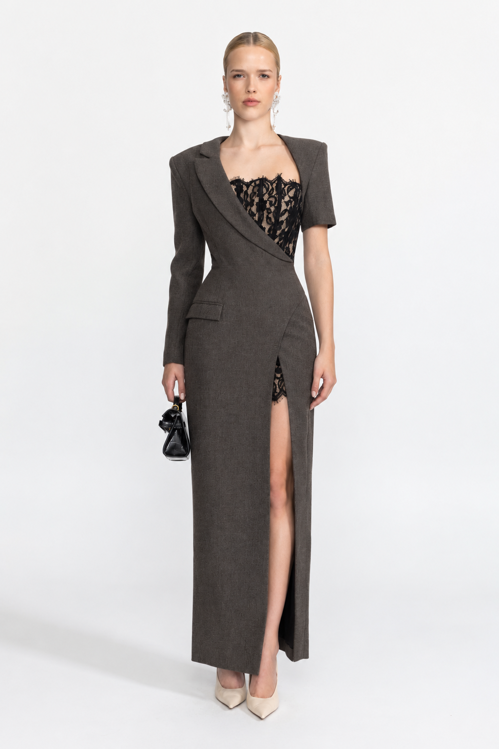 Rochie maxi tip blazer asimetrică cu bustieră din dantelă - Charcoal 