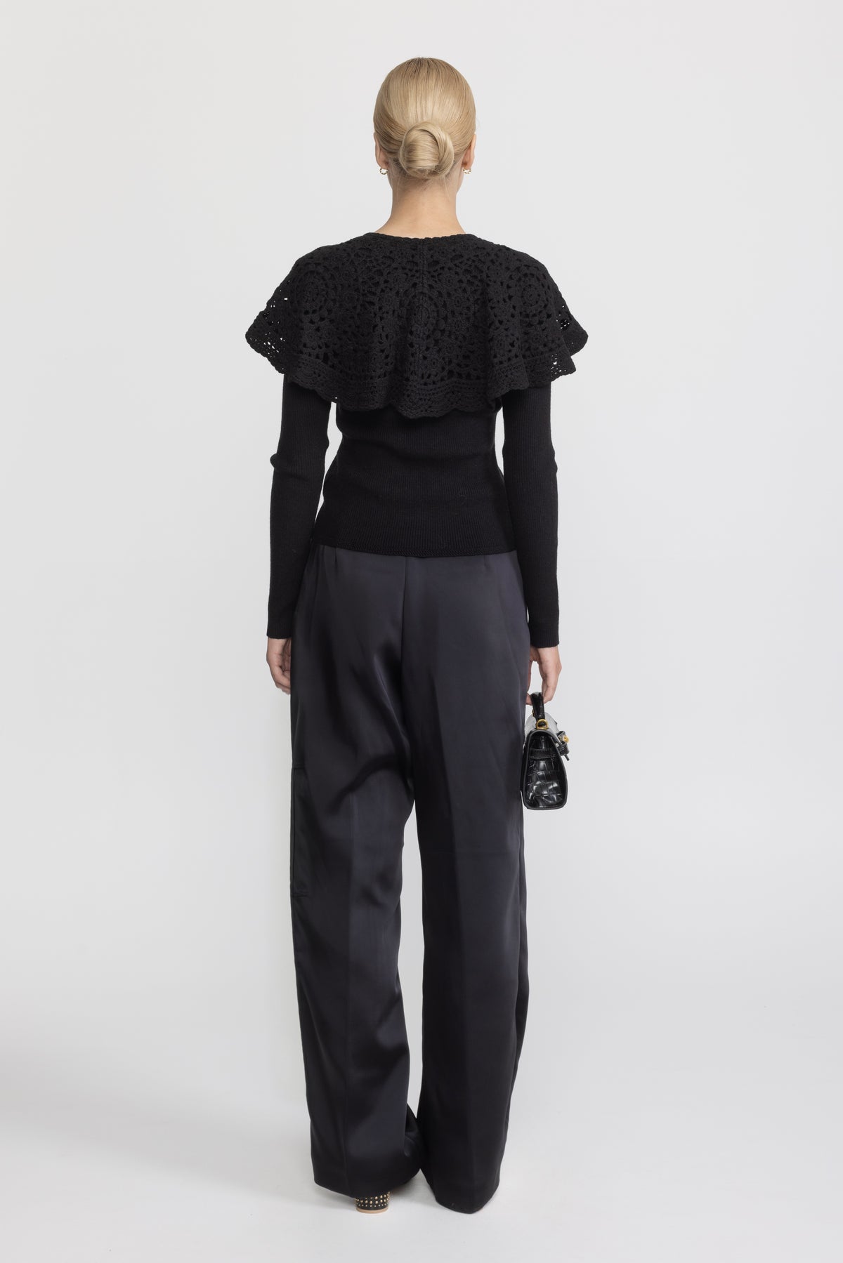 Cardigan din tricot reiat cu guler capelet croșetat - Negru 