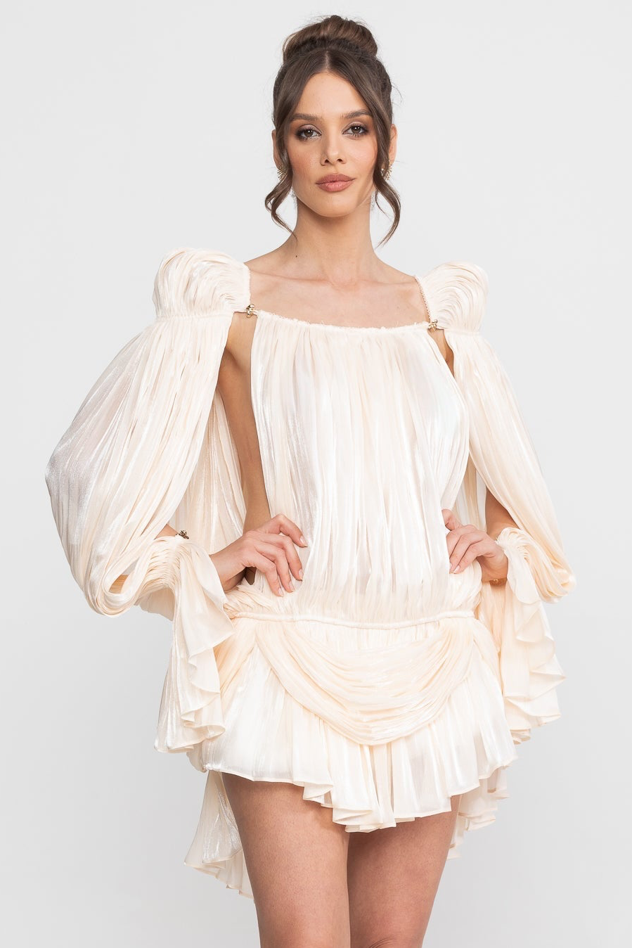 Sheer Draped Mini Dress With Cape Sleeves And Gold Clip Detail - Ivoire