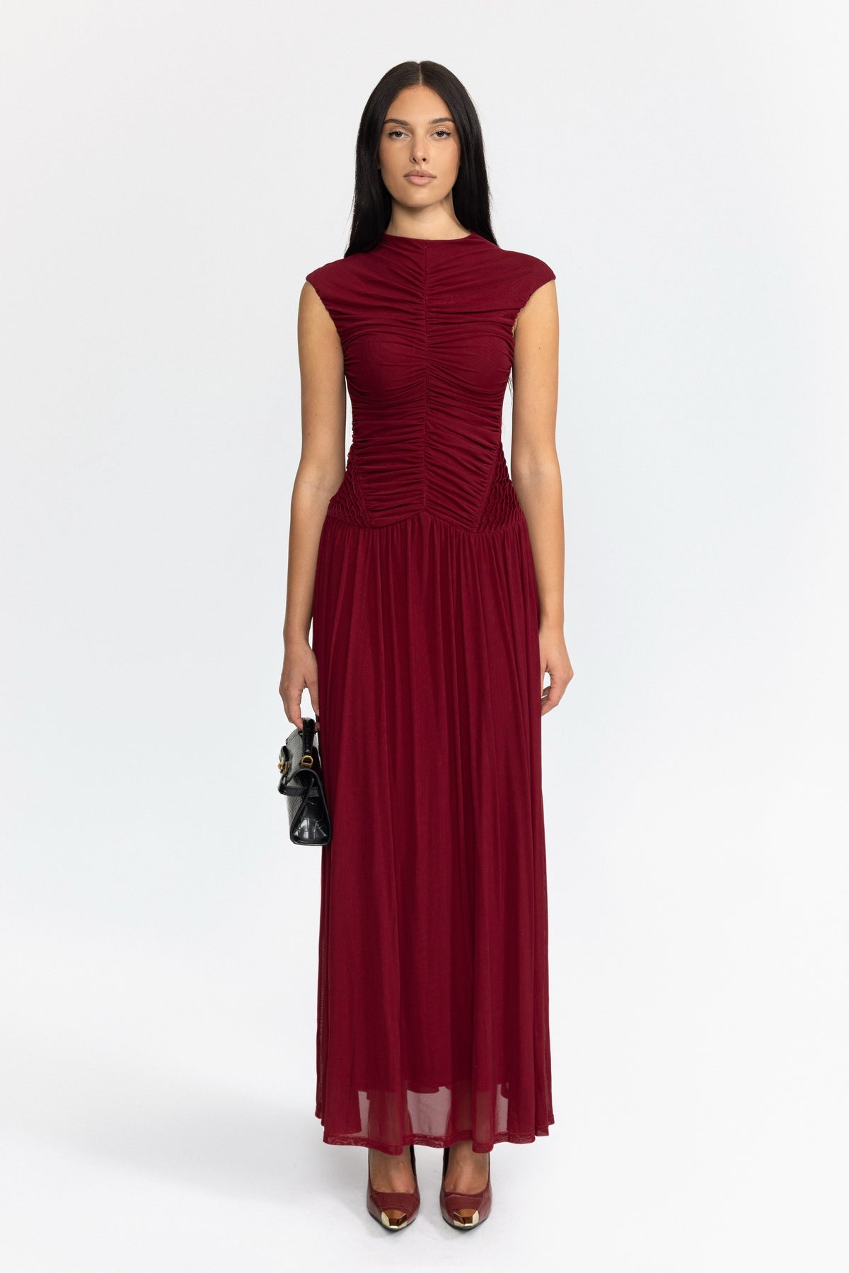 Rochie maxi din mesh drapată, cu talie joasă - Wine 