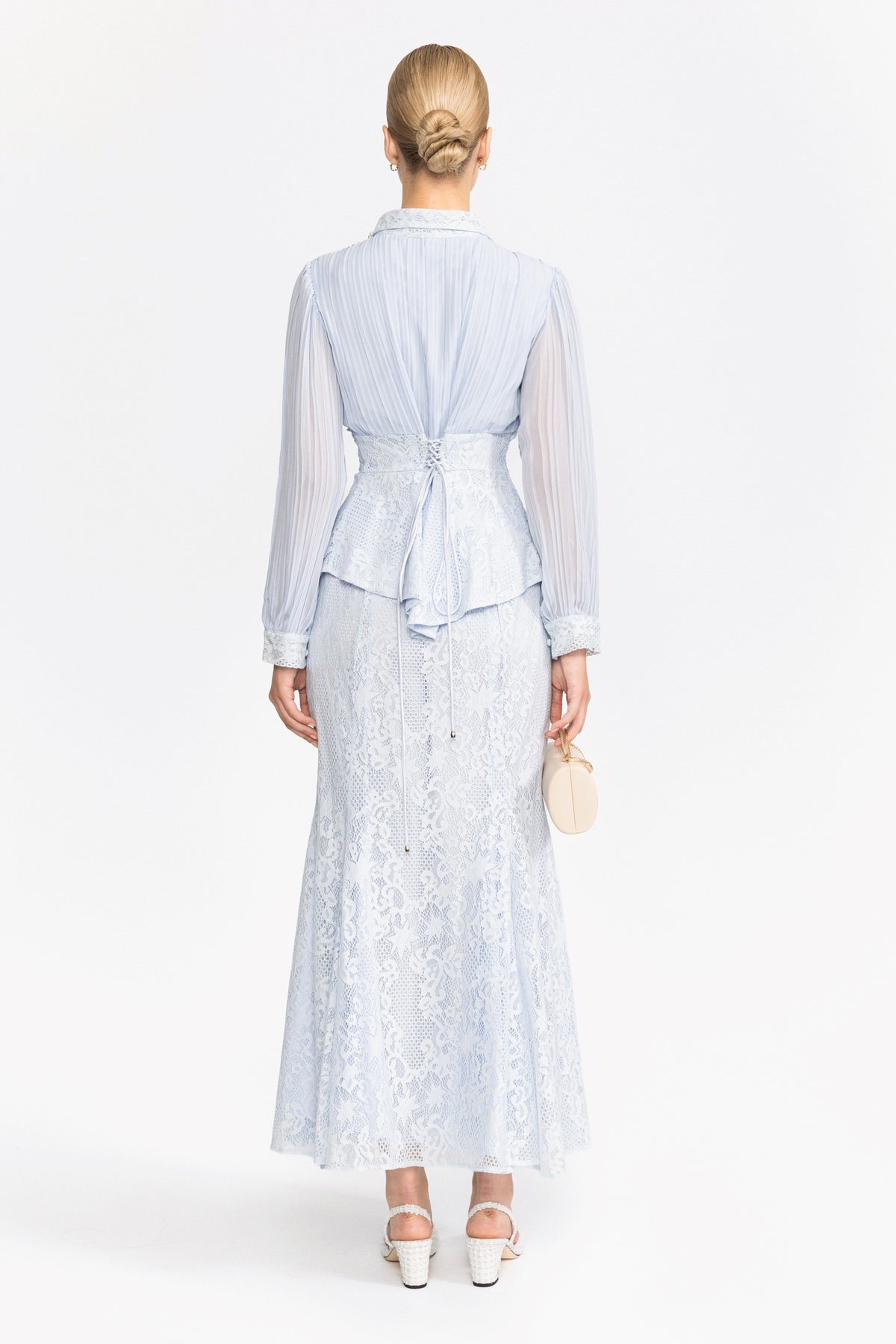 Set cu bluză peplum din șifon plisat și dantelă și fustă maxi - bleu deschis 